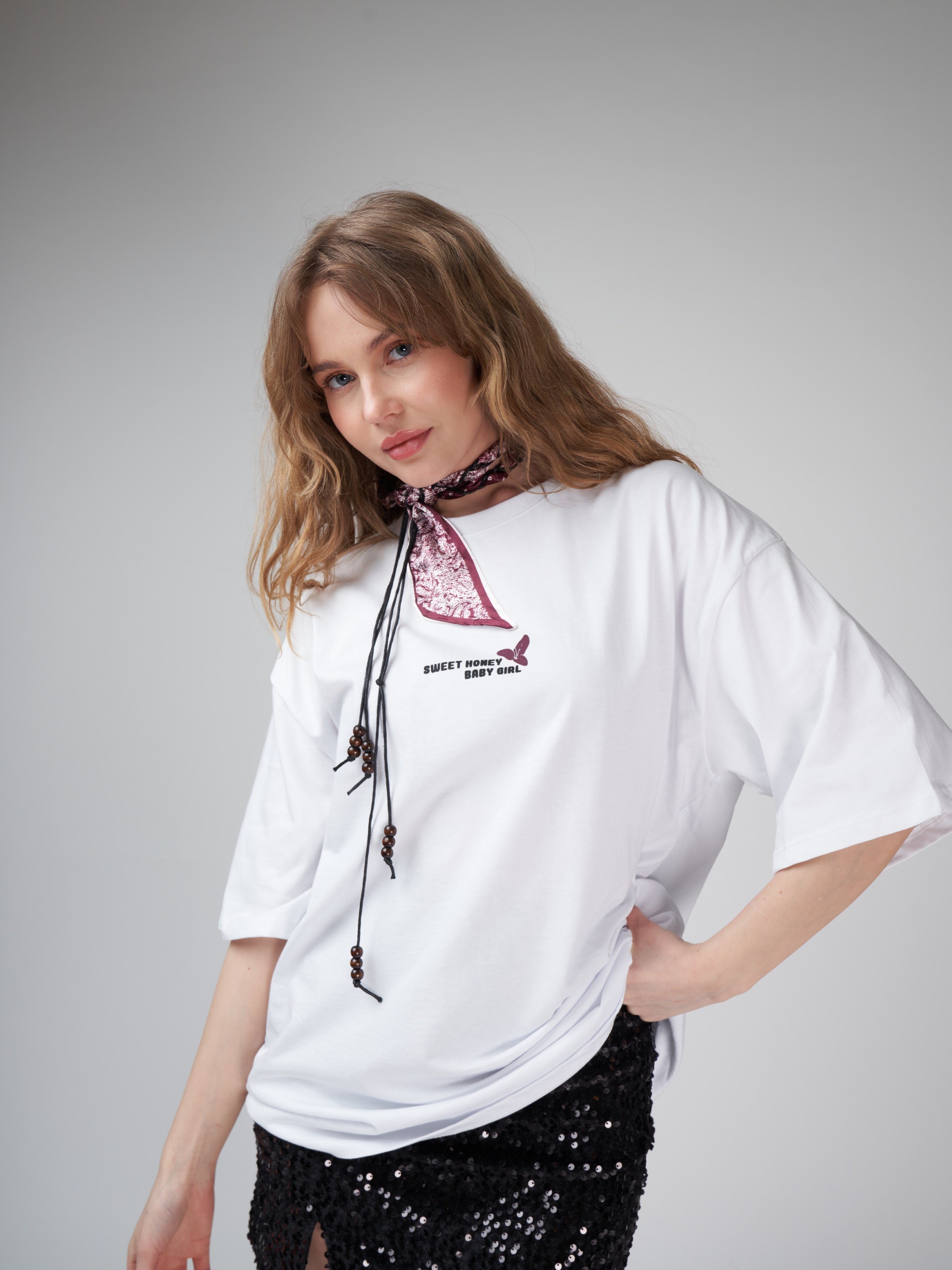 Baskılı Kısa Kol Oversize T-shirt Beyaz