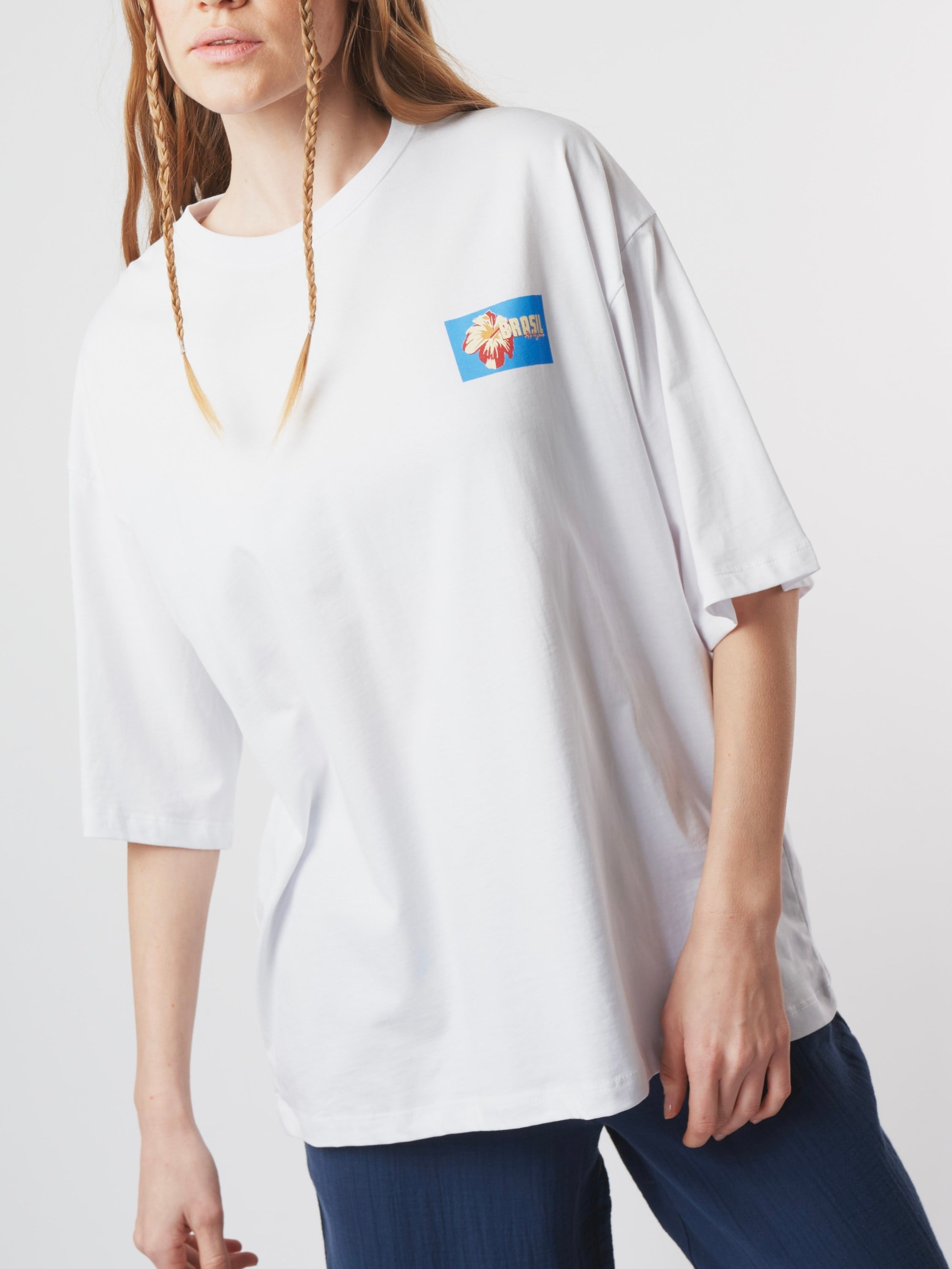 Baskılı Kısa Kol Oversize T-shirt Beyaz