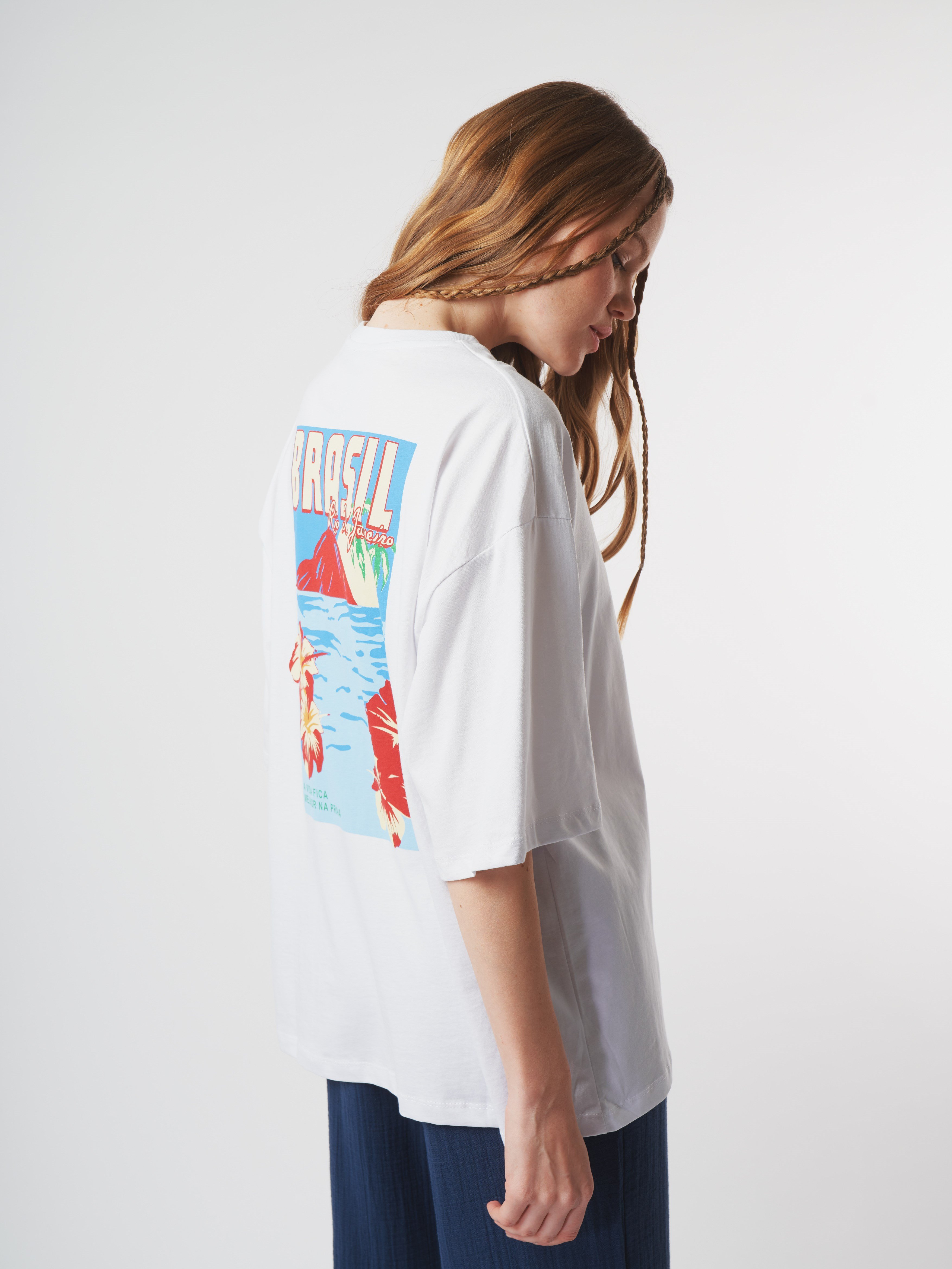 Baskılı Kısa Kol Oversize T-shirt Beyaz