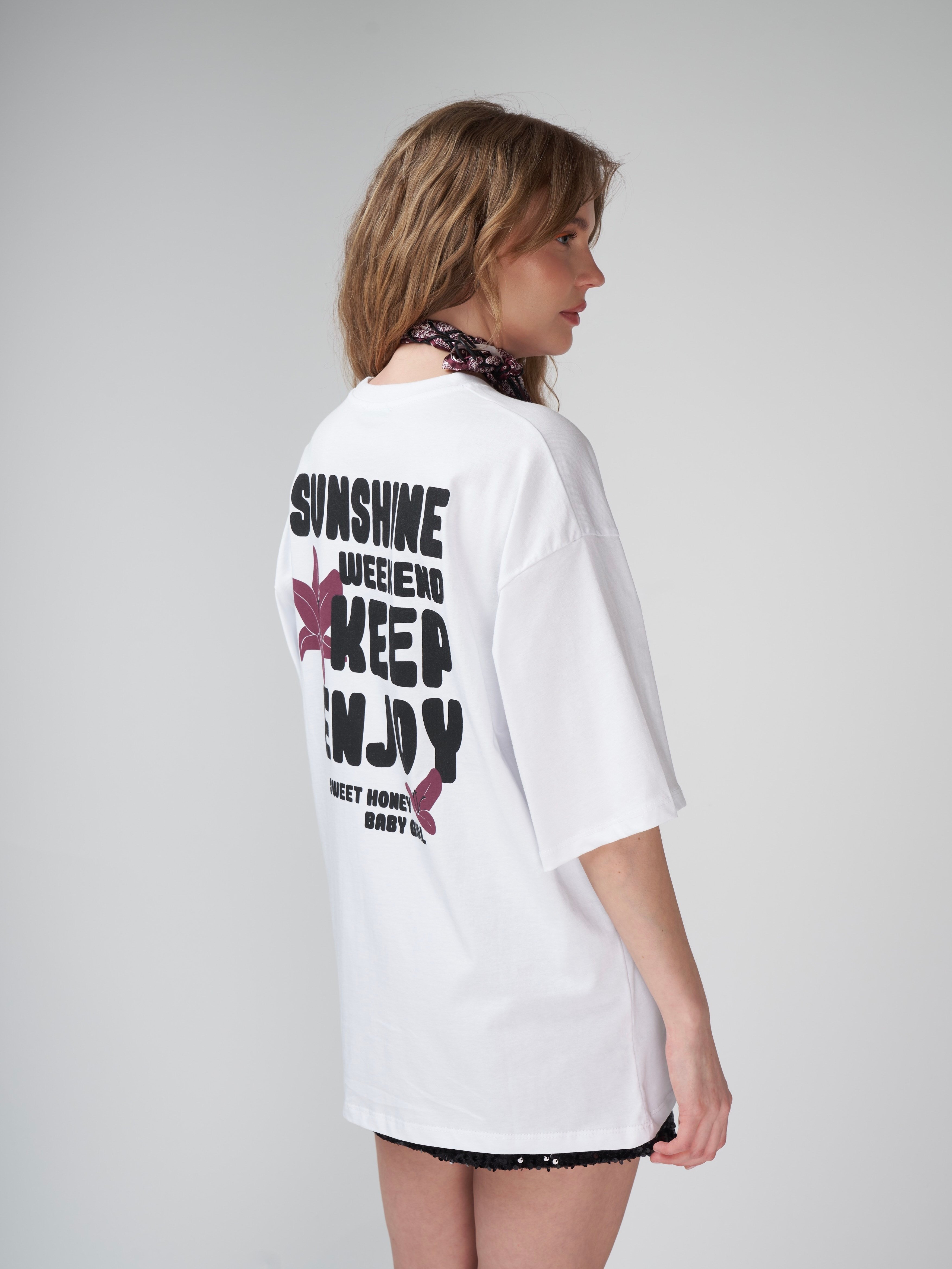 Baskılı Kısa Kol Oversize T-shirt Beyaz