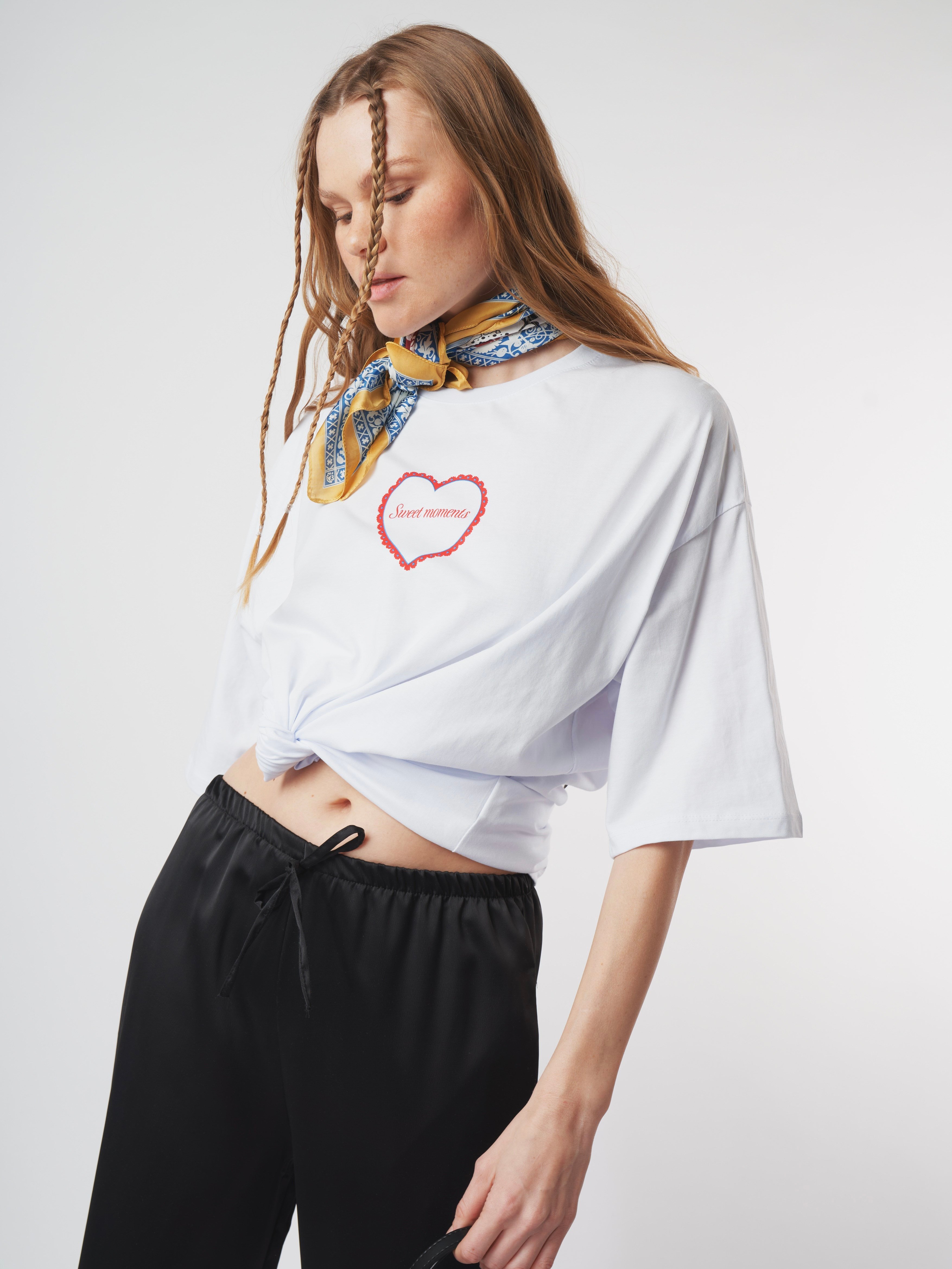 Baskılı Kısa Kol Oversize T-shirt Beyaz