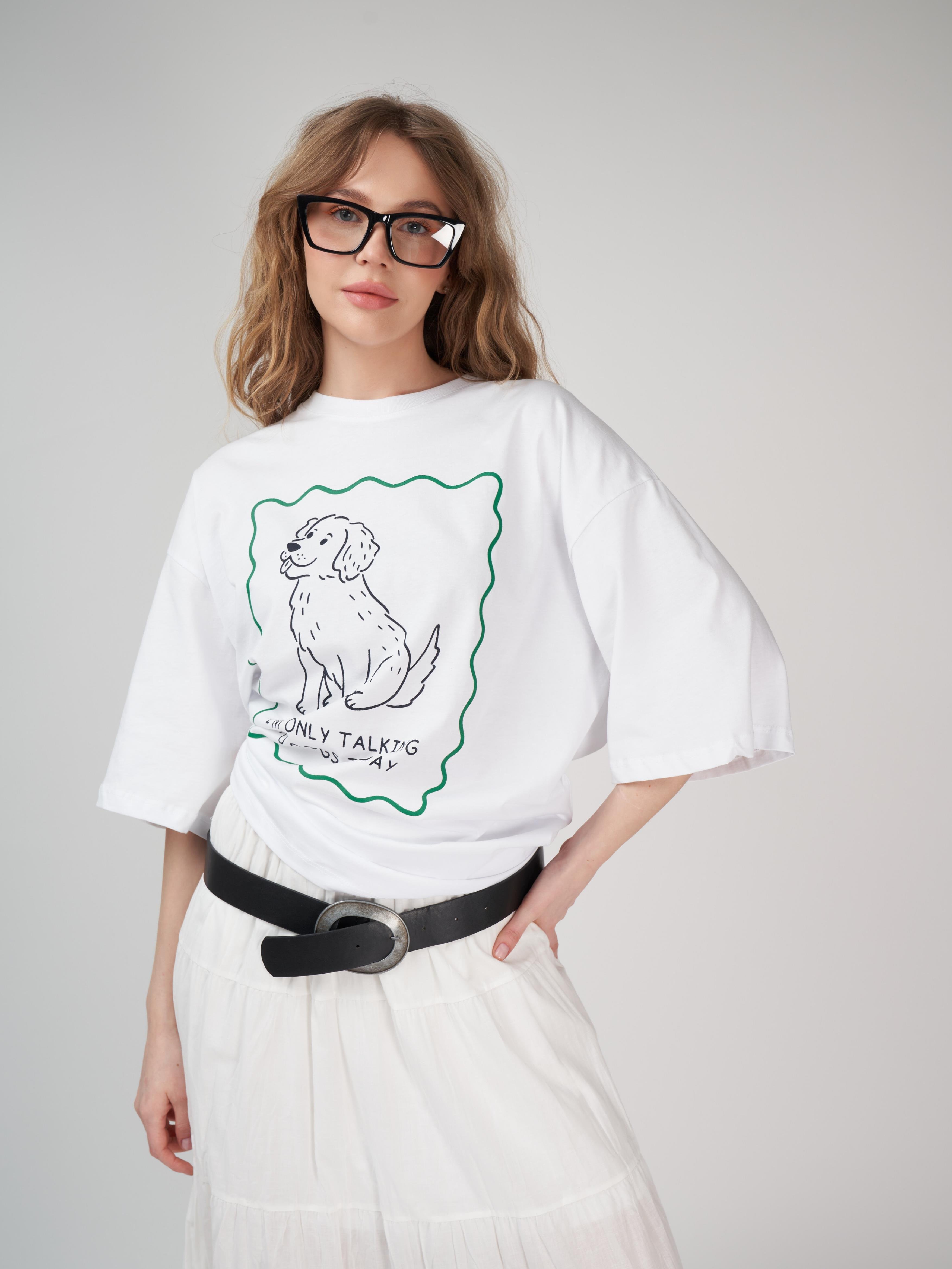 Baskılı Kısa Kol Oversize T-shirt Beyaz
