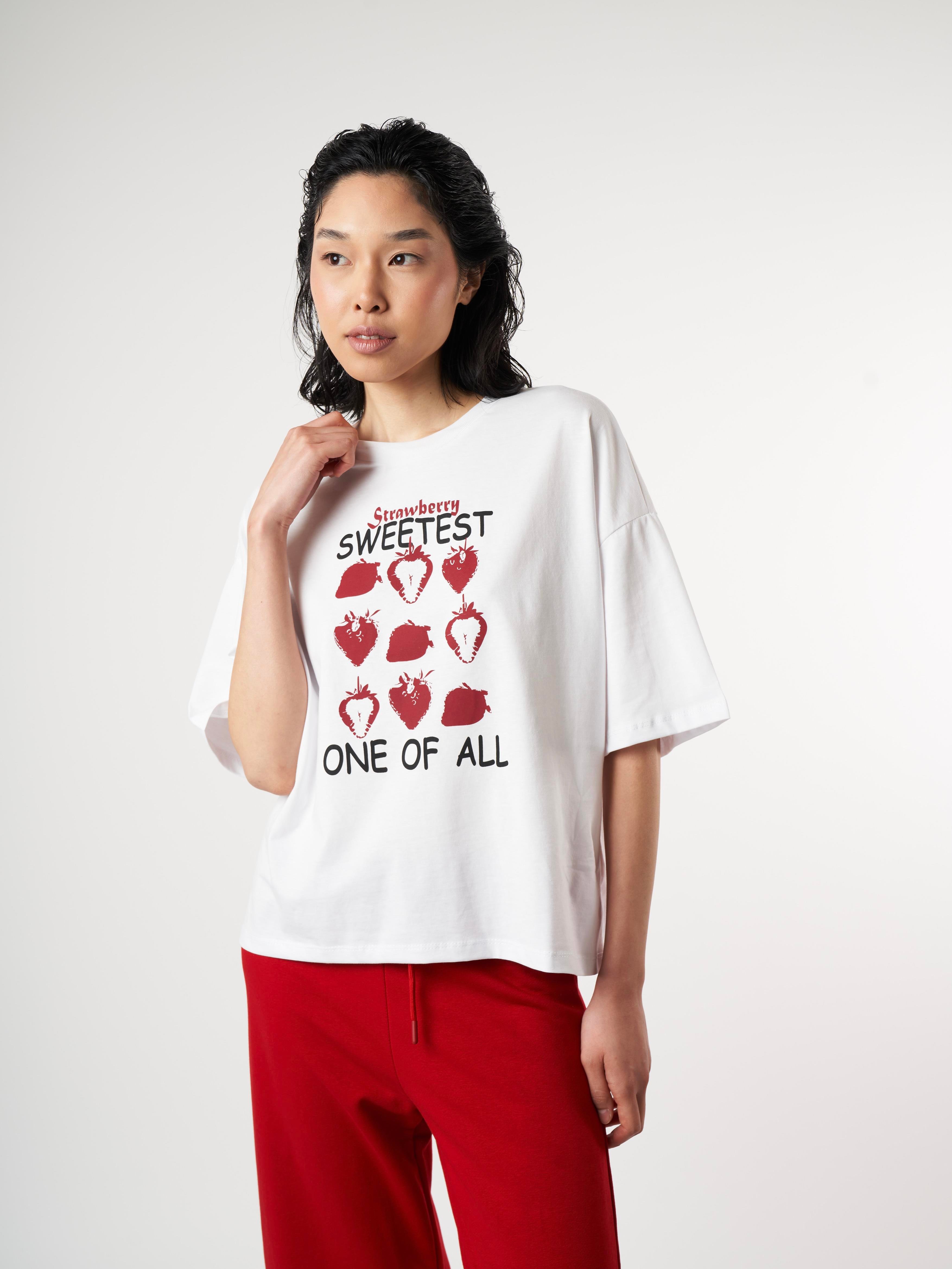 Baskılı Kısa Kol Oversize T-shirt Beyaz