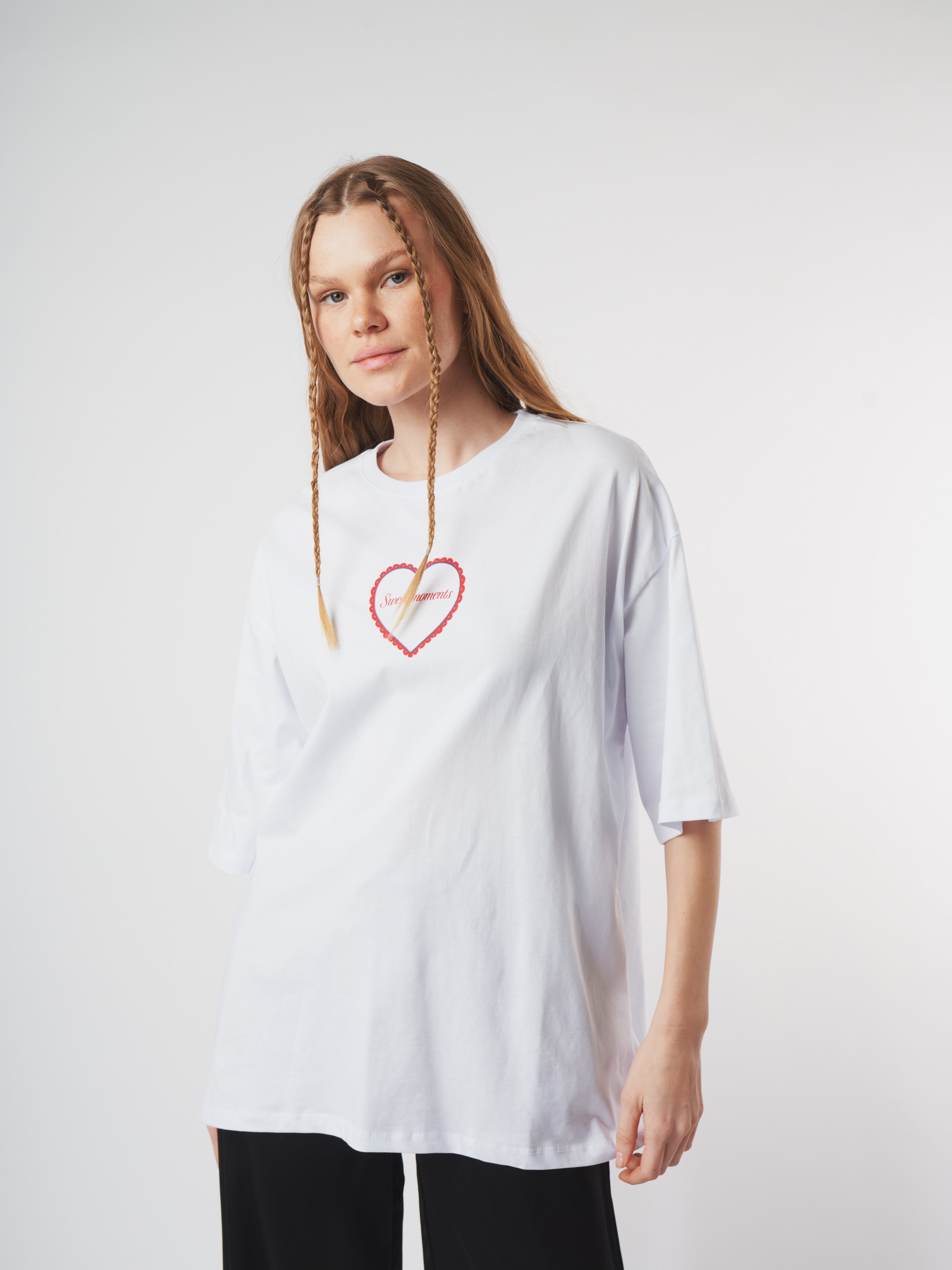 Baskılı Kısa Kol Oversize T-shirt Beyaz