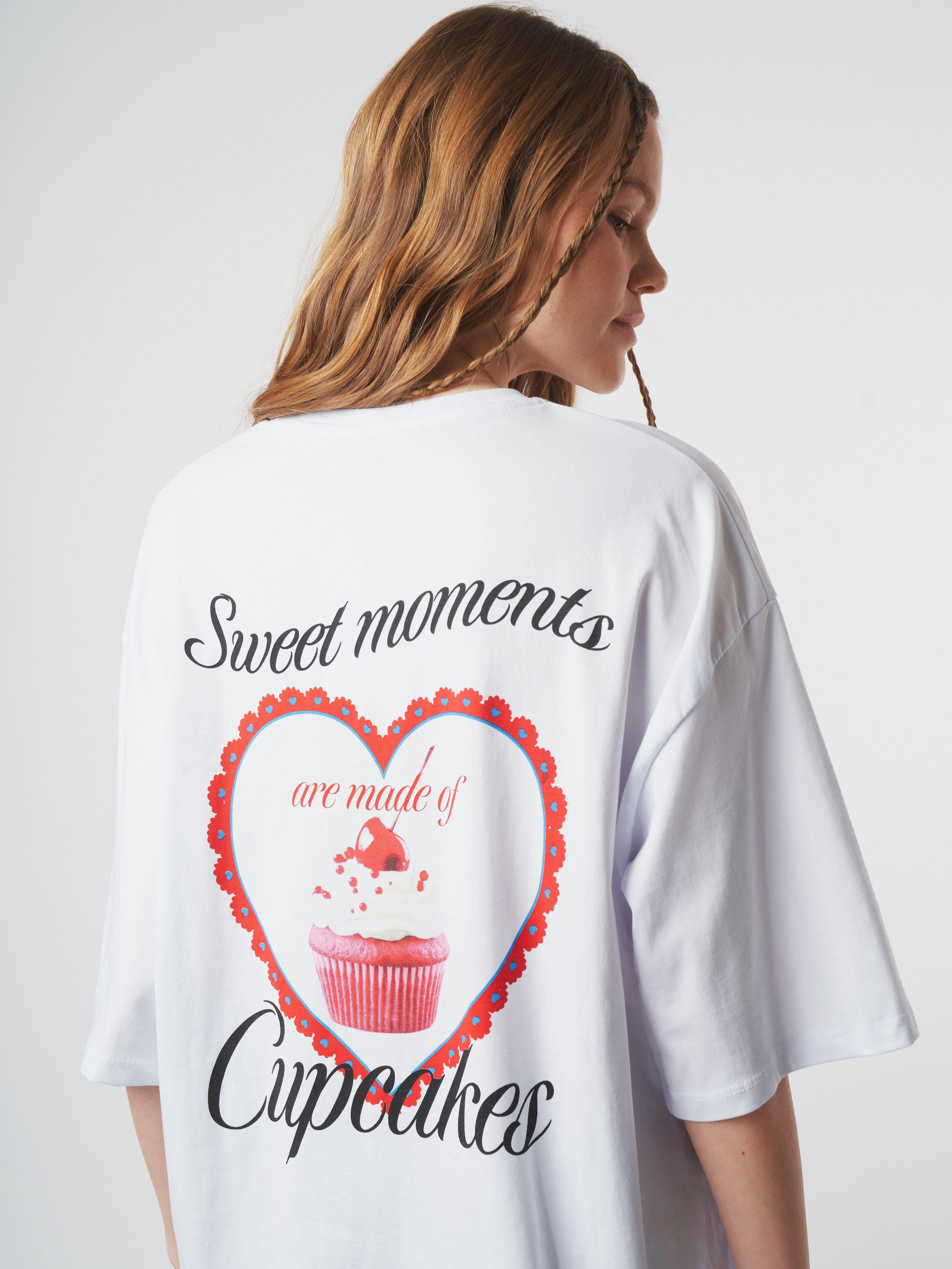 Baskılı Kısa Kol Oversize T-shirt Beyaz