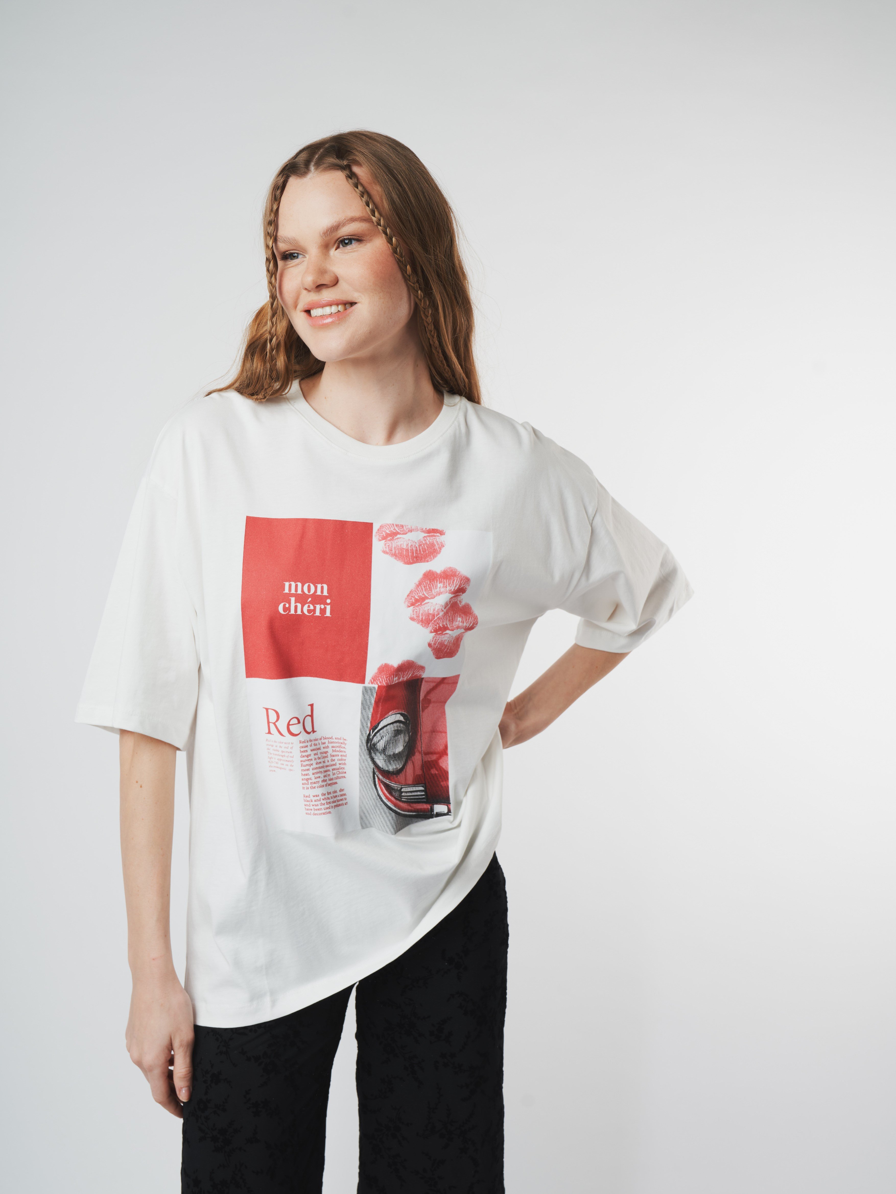 Baskılı Kısa Kol Oversize T-shirt Ekru