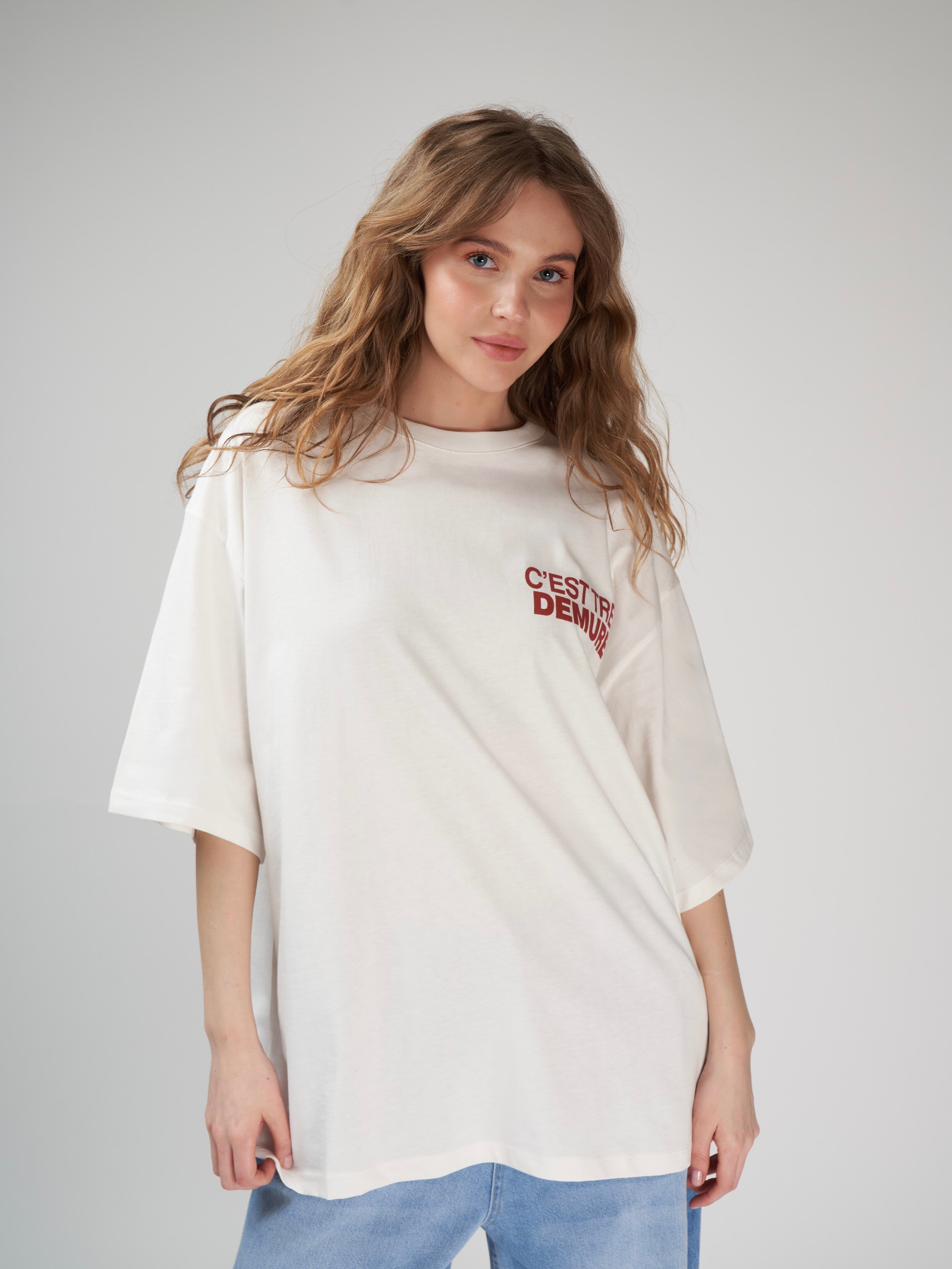Baskılı Kısa Kol Oversize T-shirt Ekru