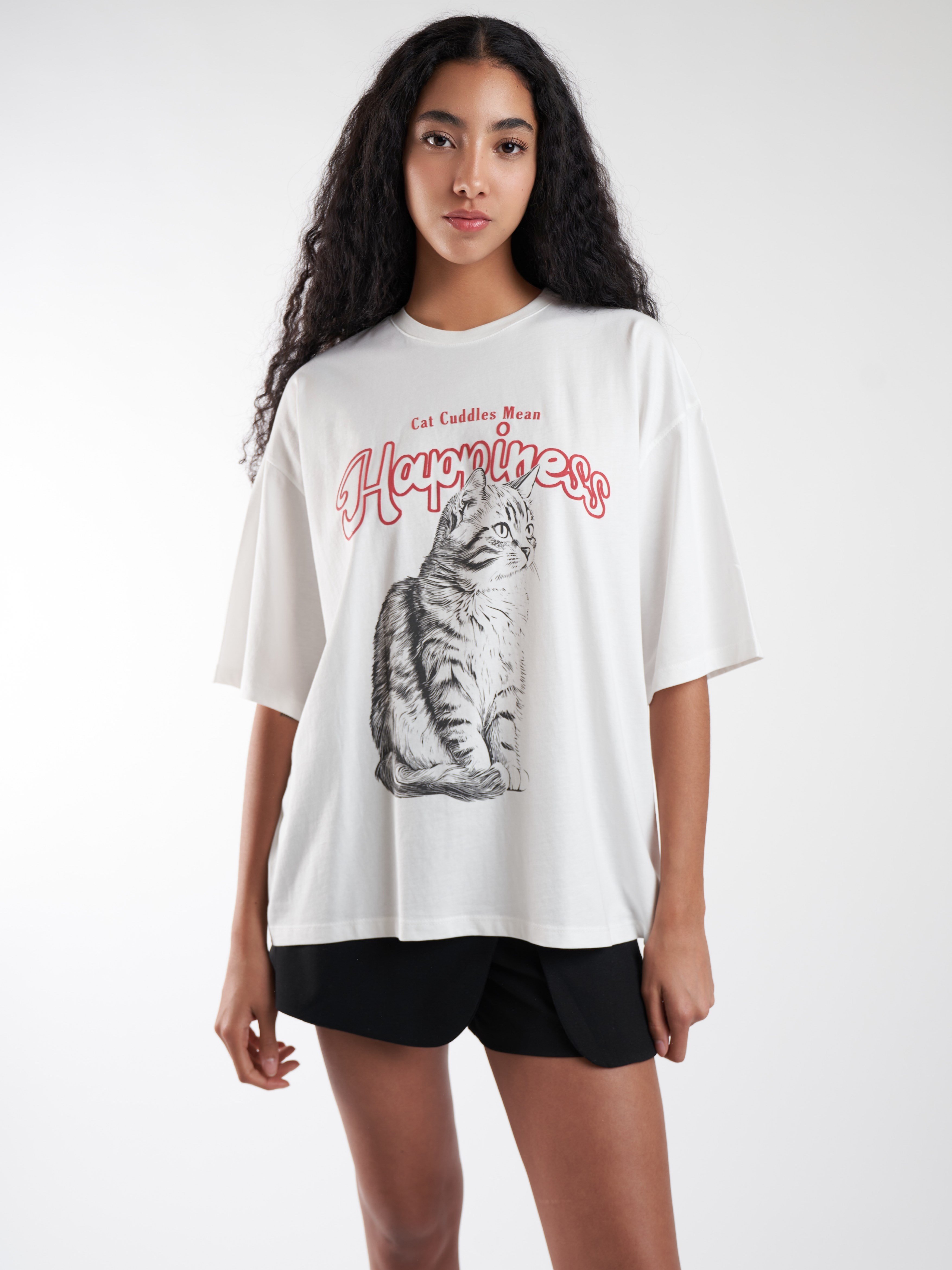 Baskılı Kısa Kol Oversize T-shirt Ekru