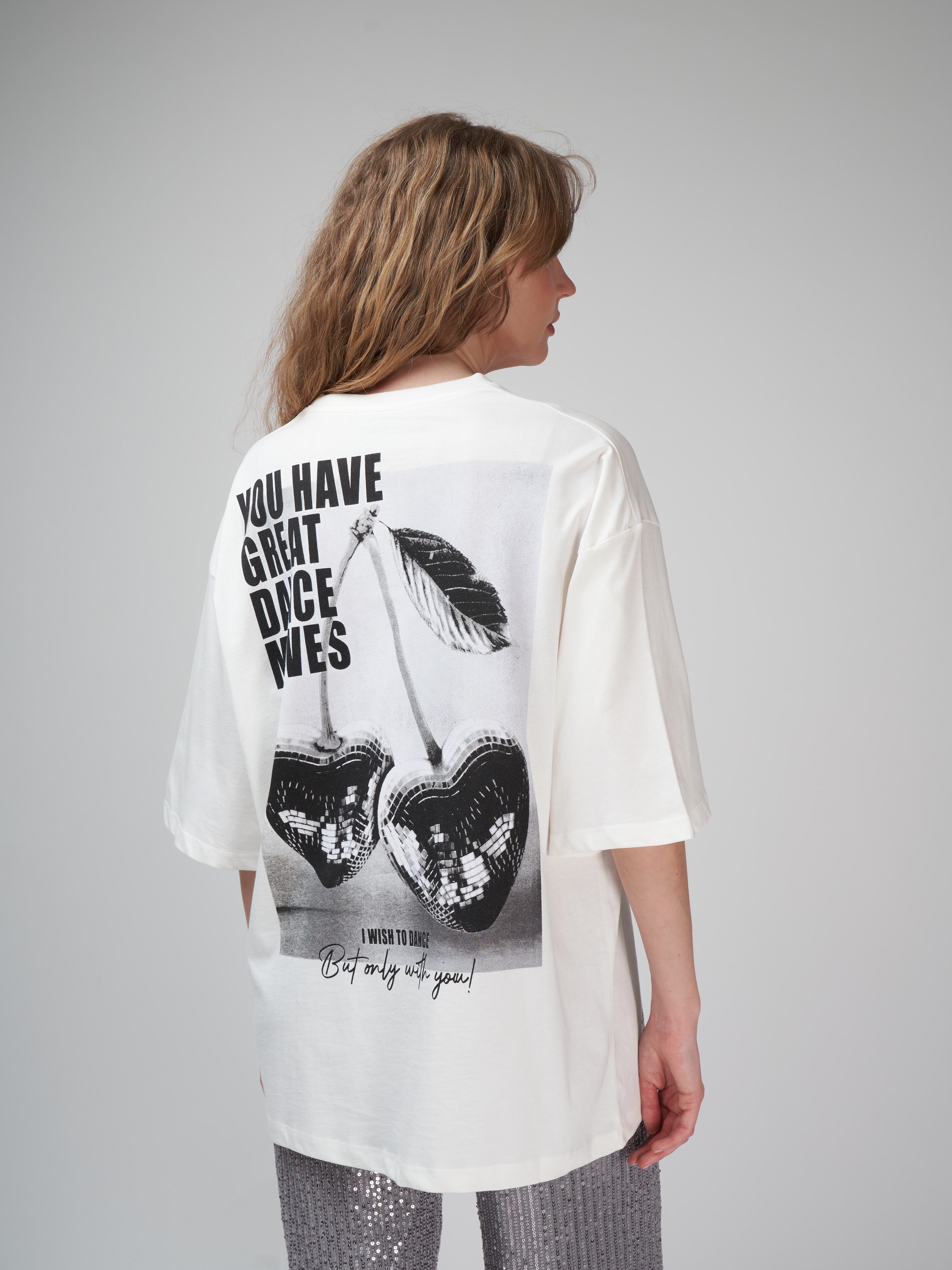 Baskılı Kısa Kol Oversize T-shirt Ekru