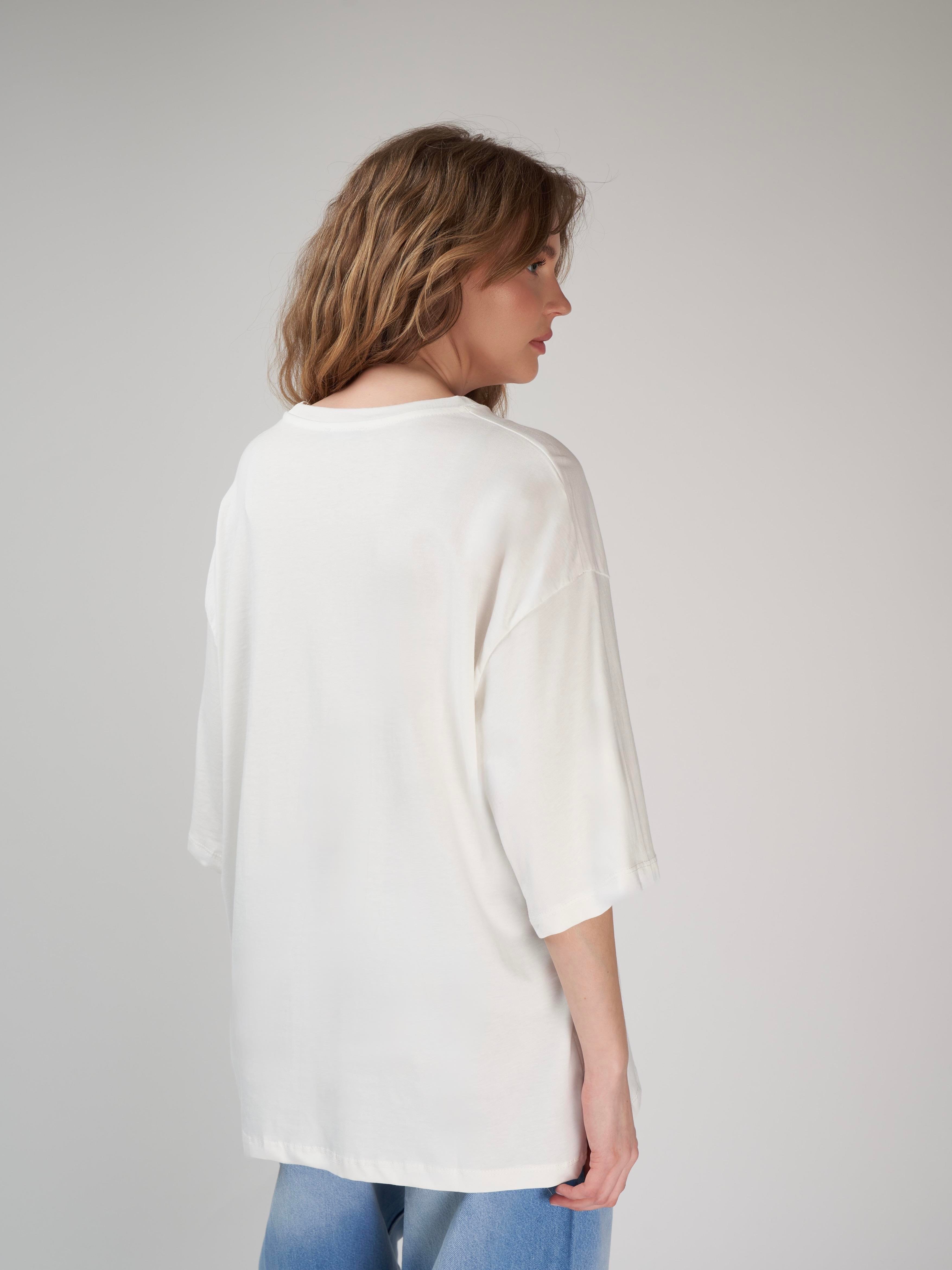 Baskılı Kısa Kol Oversize T-shirt Ekru