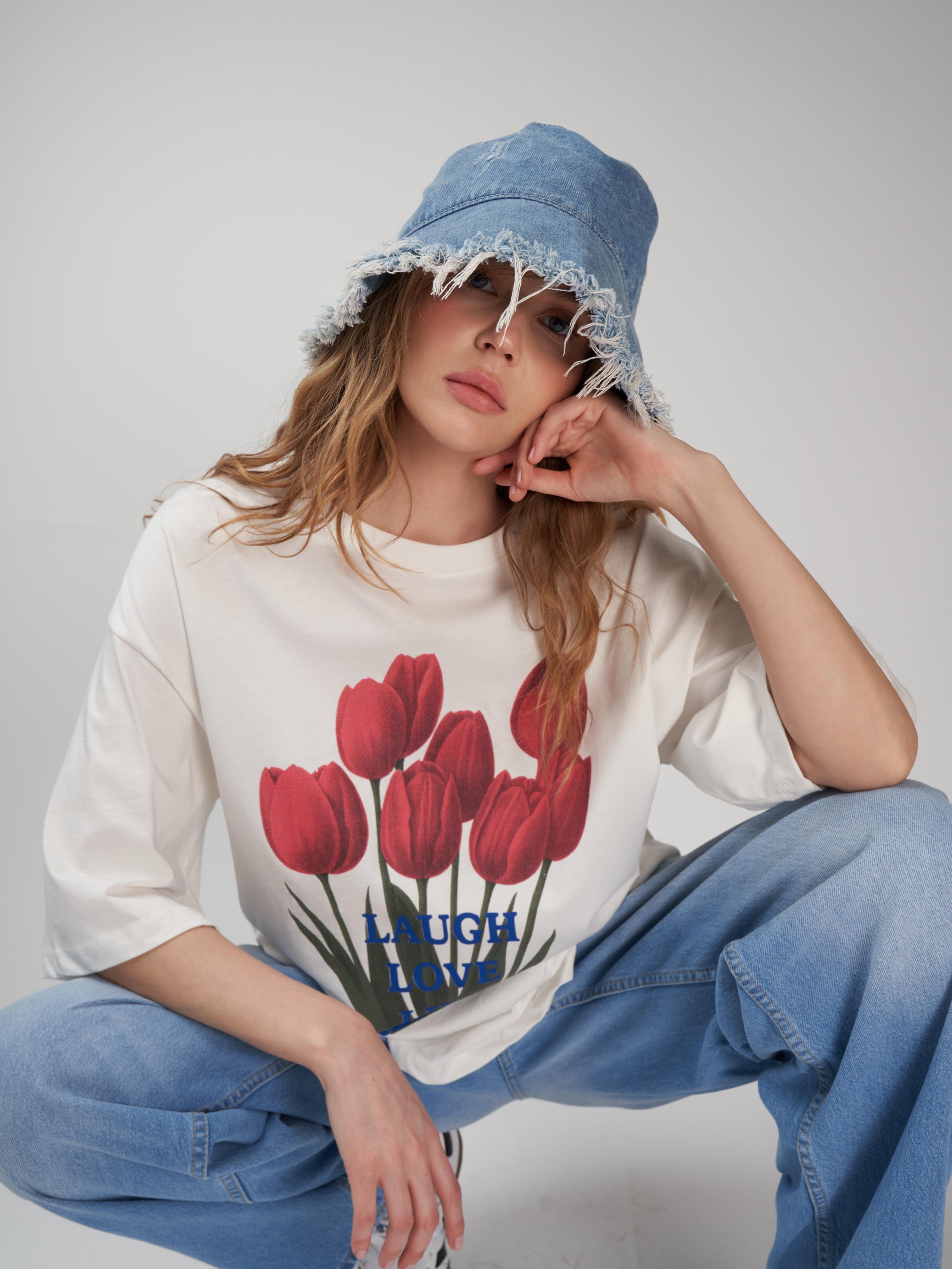 Baskılı Kısa Kol Oversize T-shirt Ekru