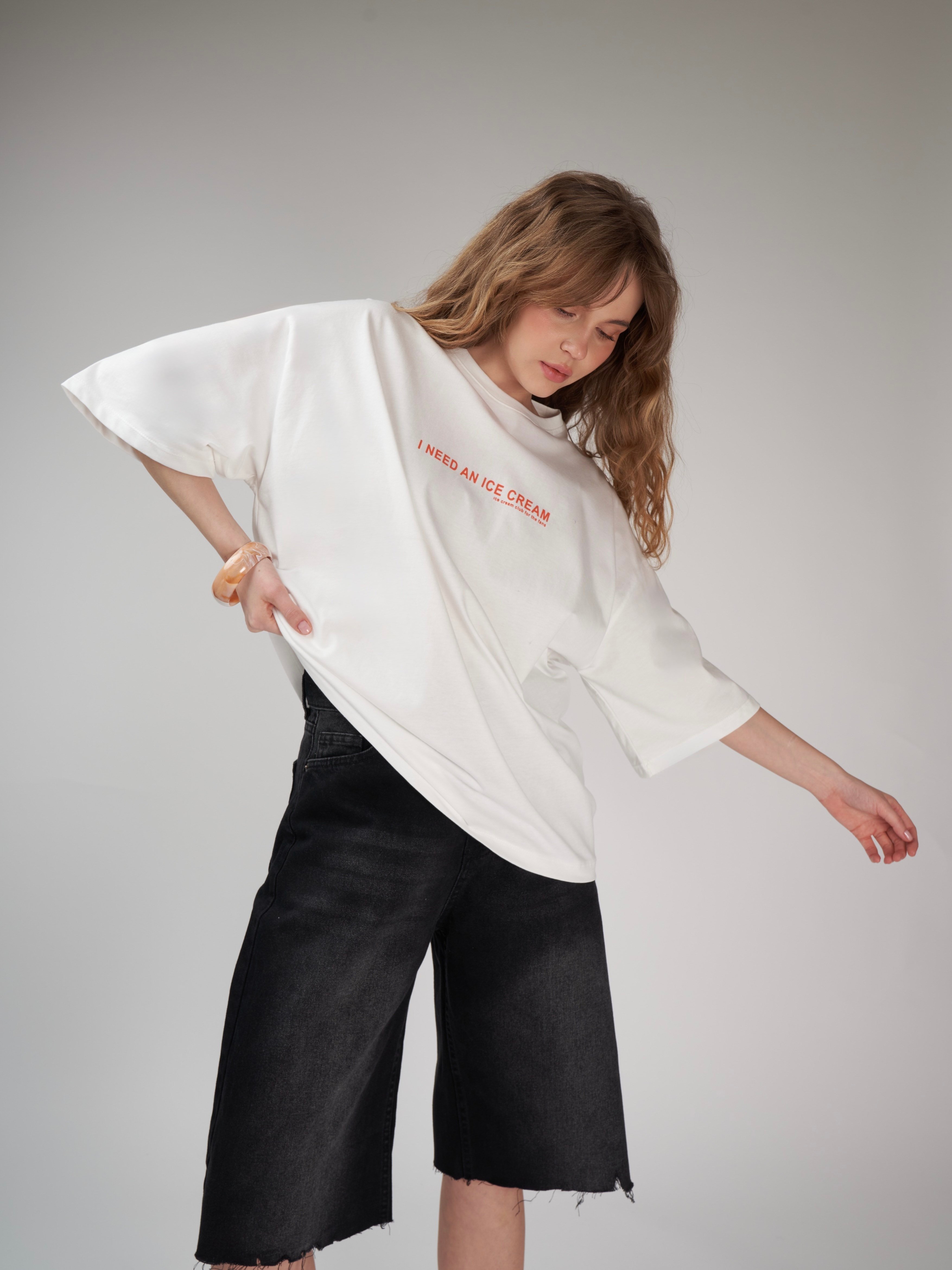 Baskılı Kısa Kol Oversize T-shirt Ekru