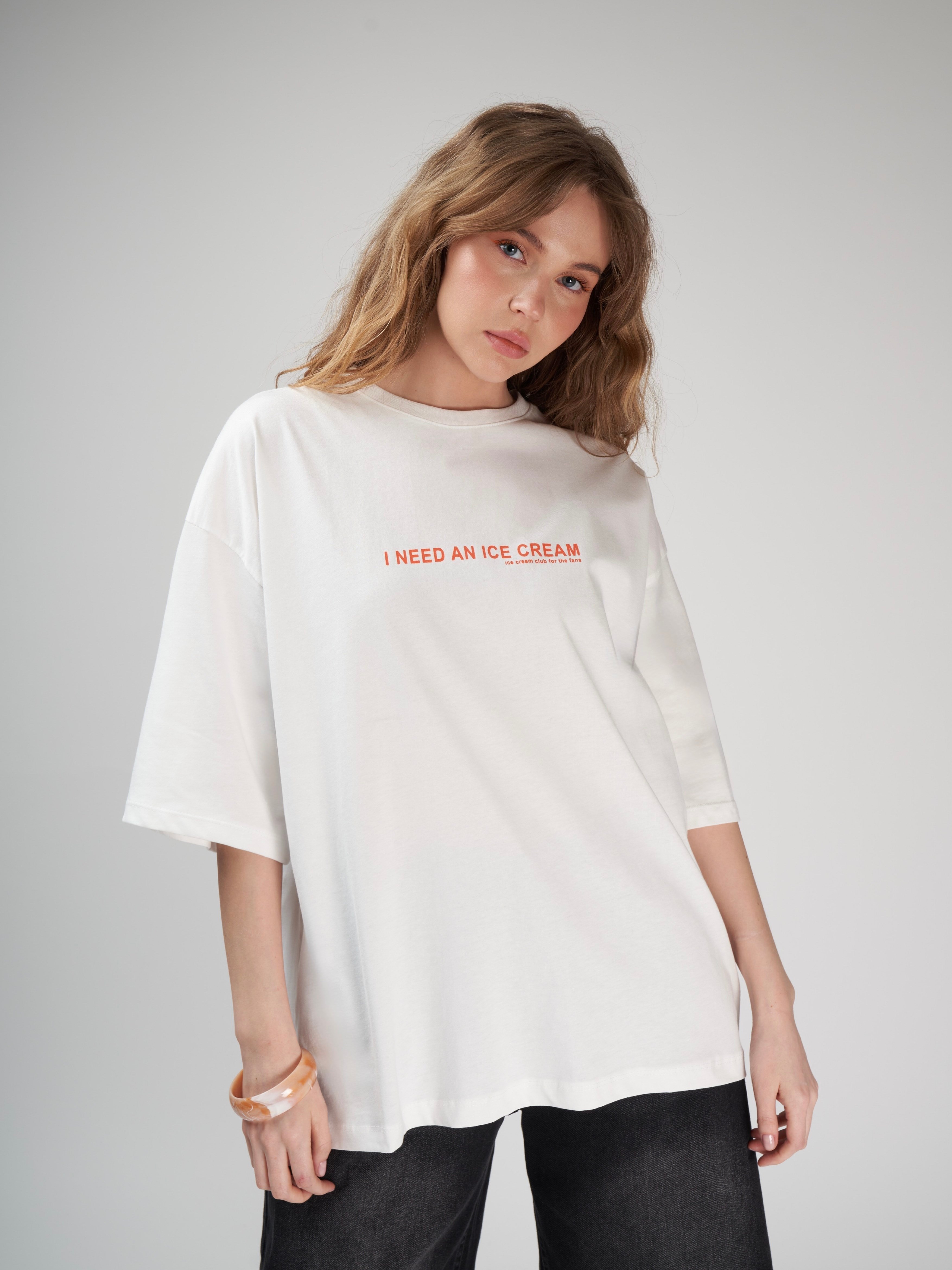 Baskılı Kısa Kol Oversize T-shirt Ekru