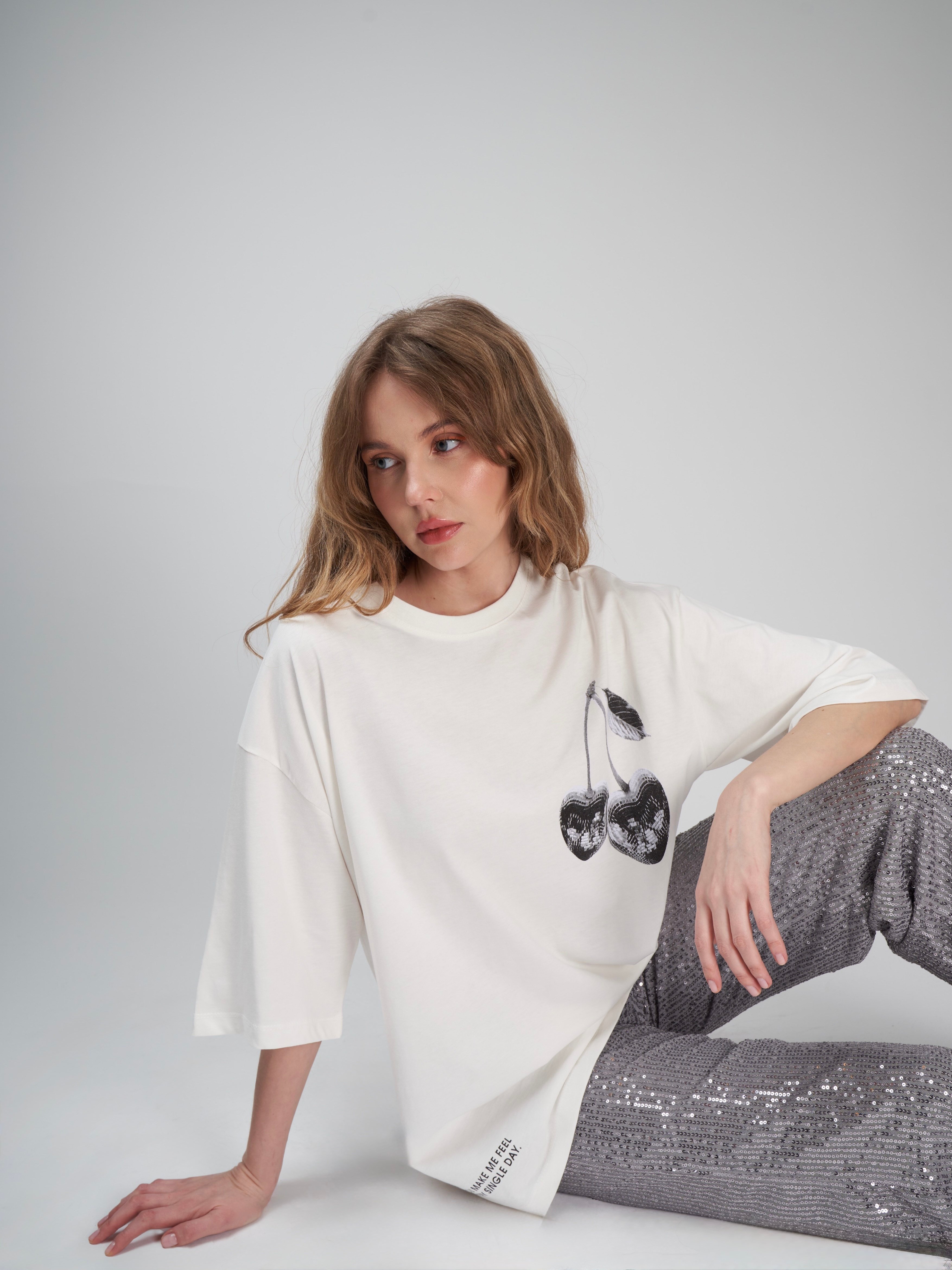 Baskılı Kısa Kol Oversize T-shirt Ekru