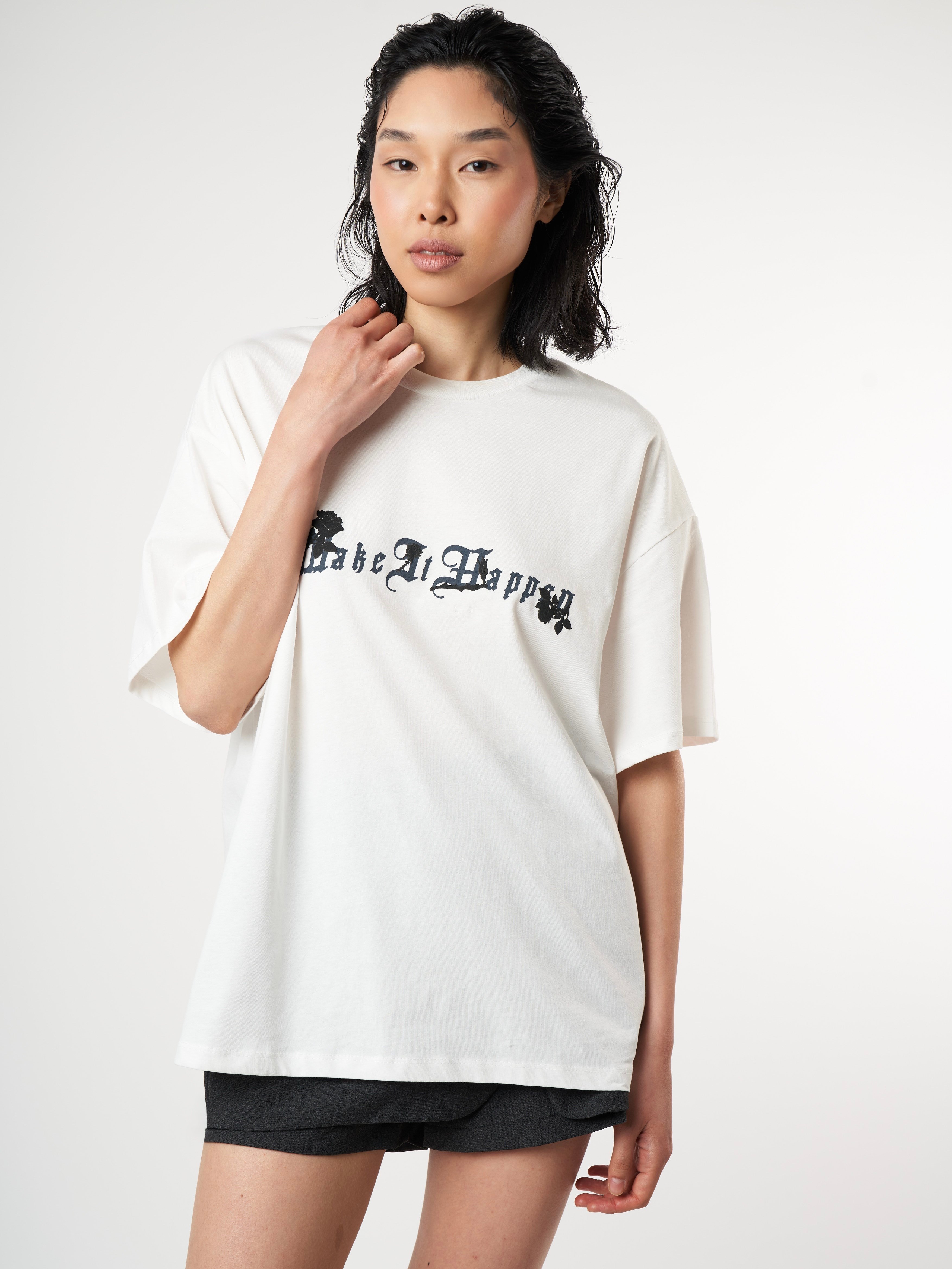 Baskılı Kısa Kol Oversize T-shirt Ekru