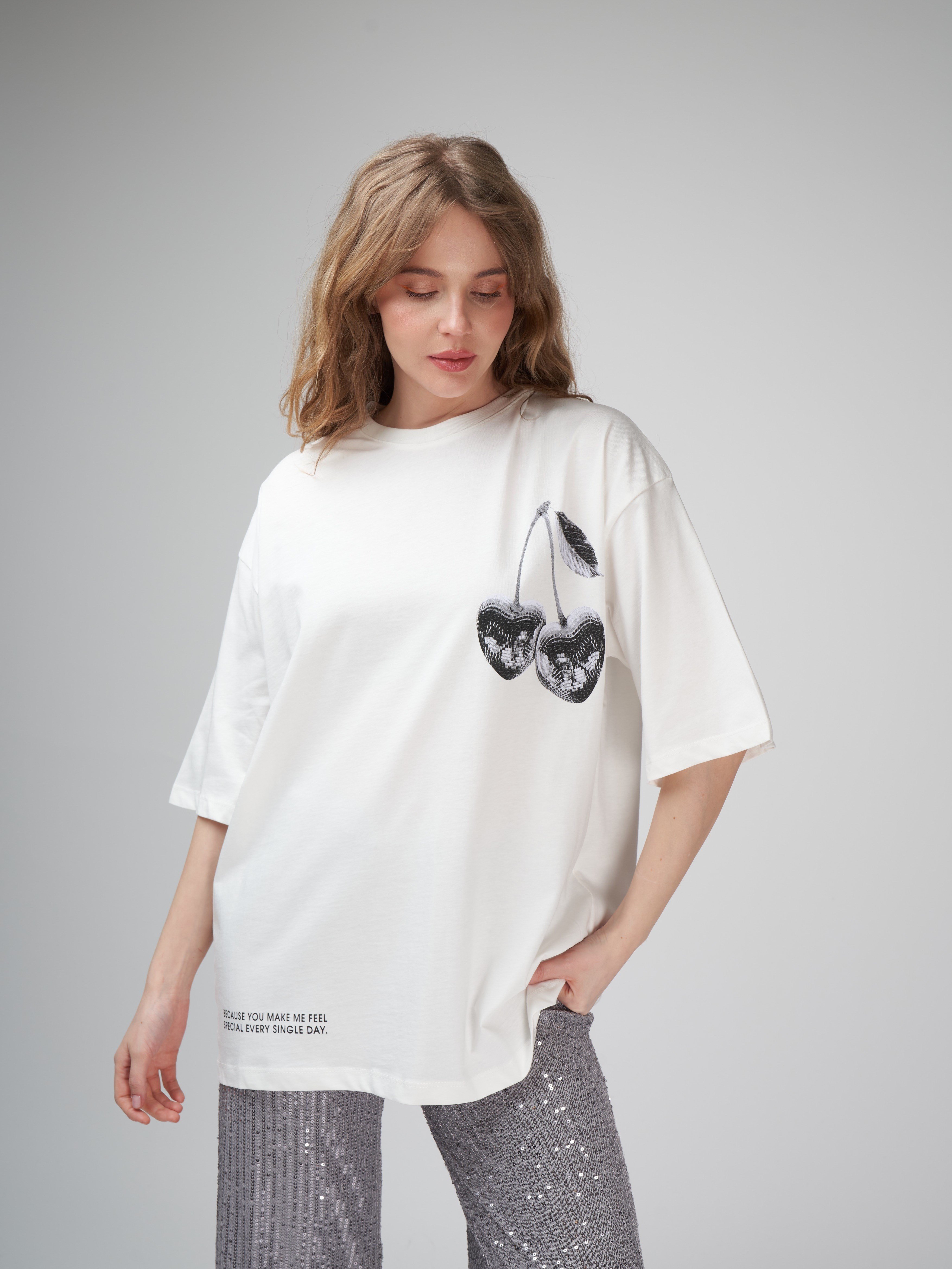 Baskılı Kısa Kol Oversize T-shirt Ekru