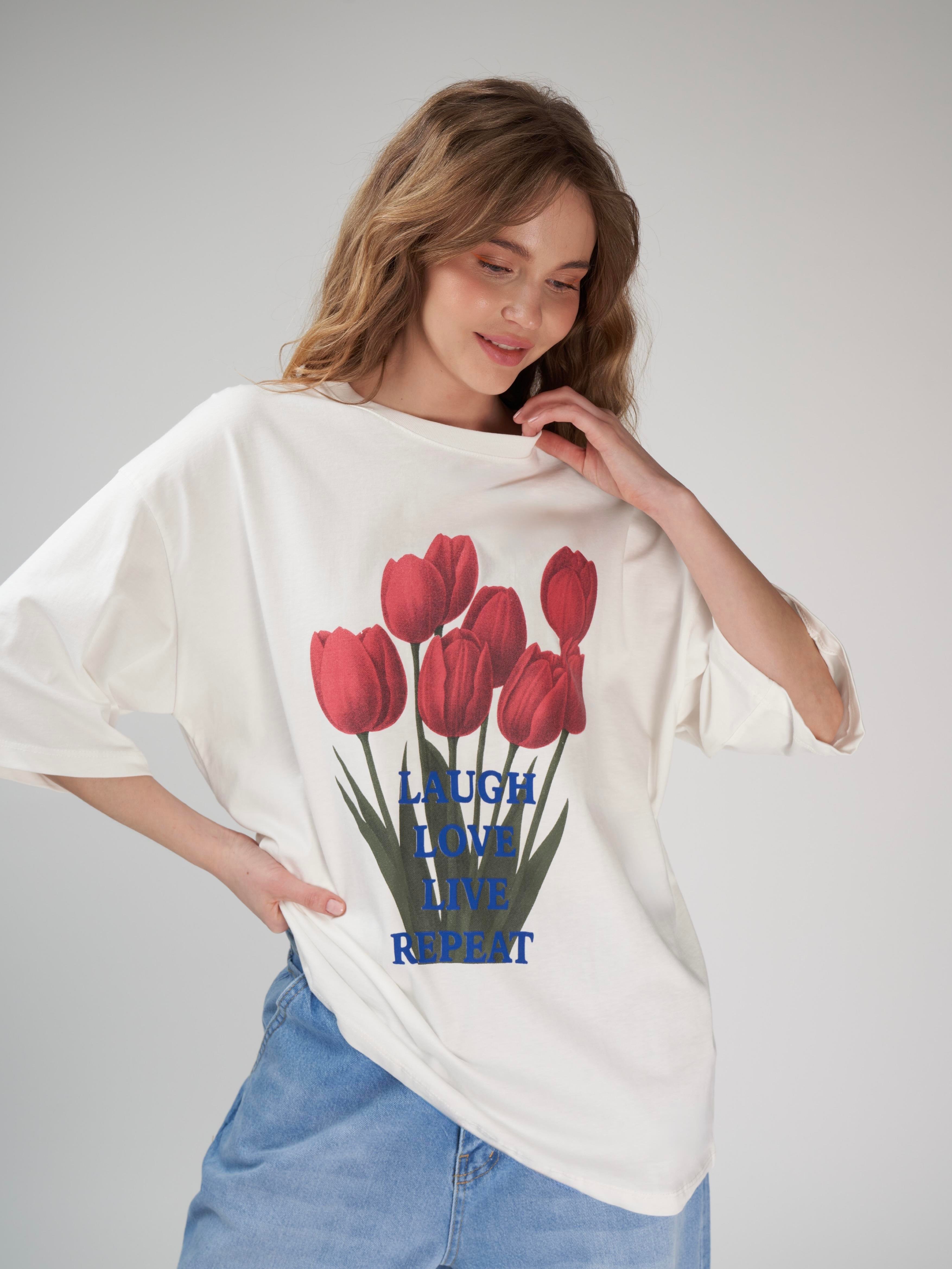 Baskılı Kısa Kol Oversize T-shirt Ekru
