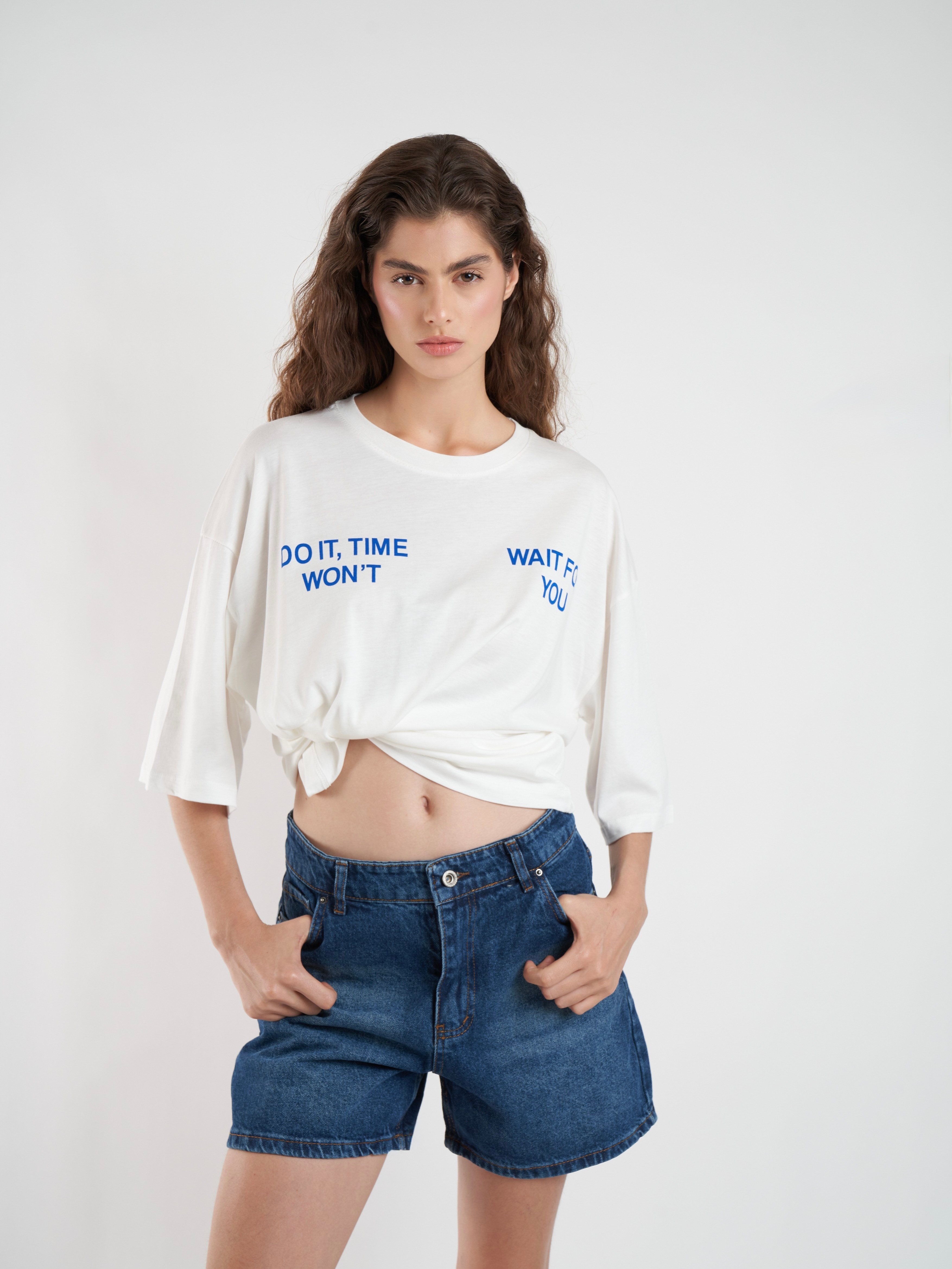 Baskılı Kısa Kol Oversize T-shirt Ekru
