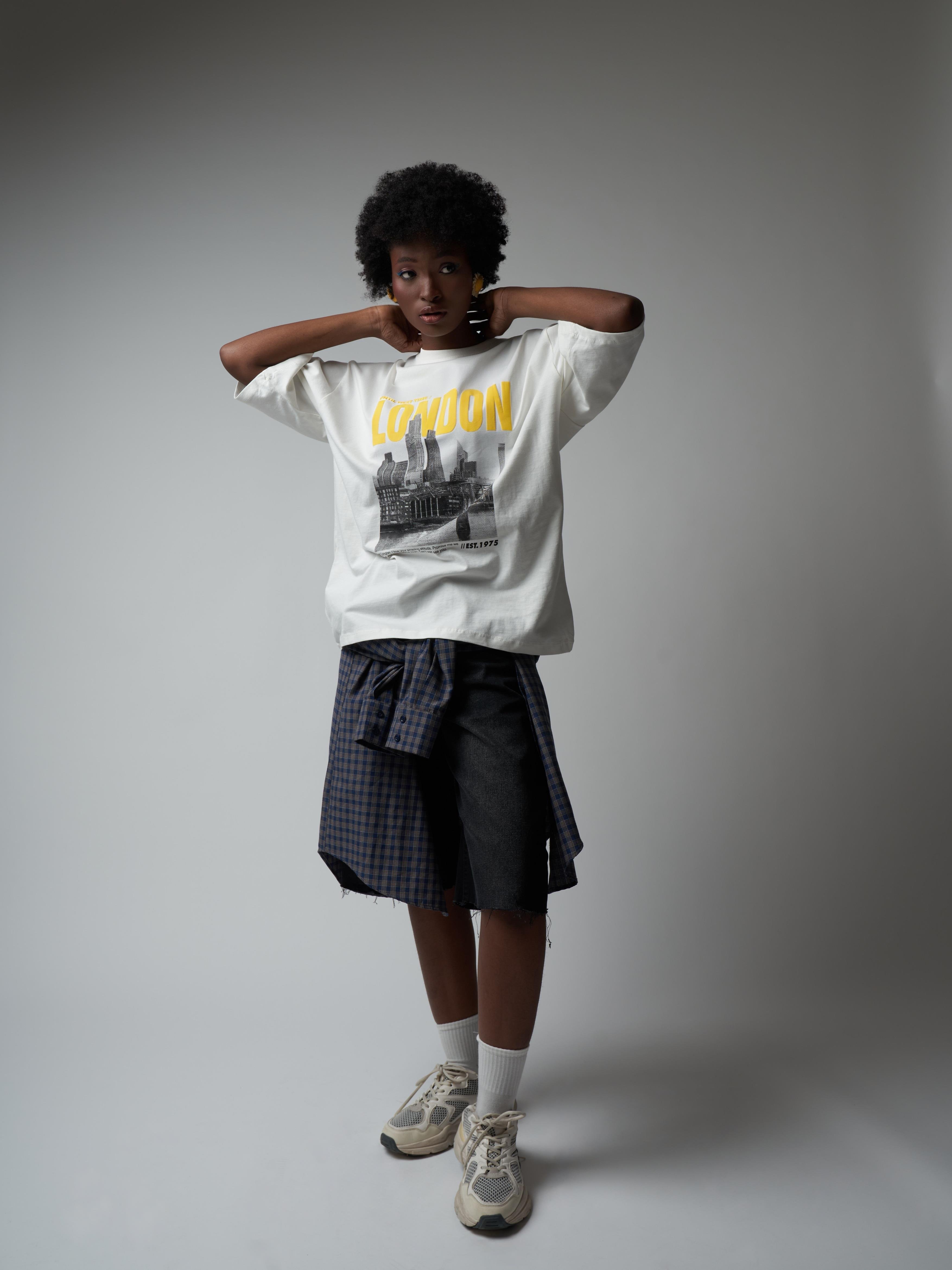 Baskılı Kısa Kol Oversize T-shirt Ekru