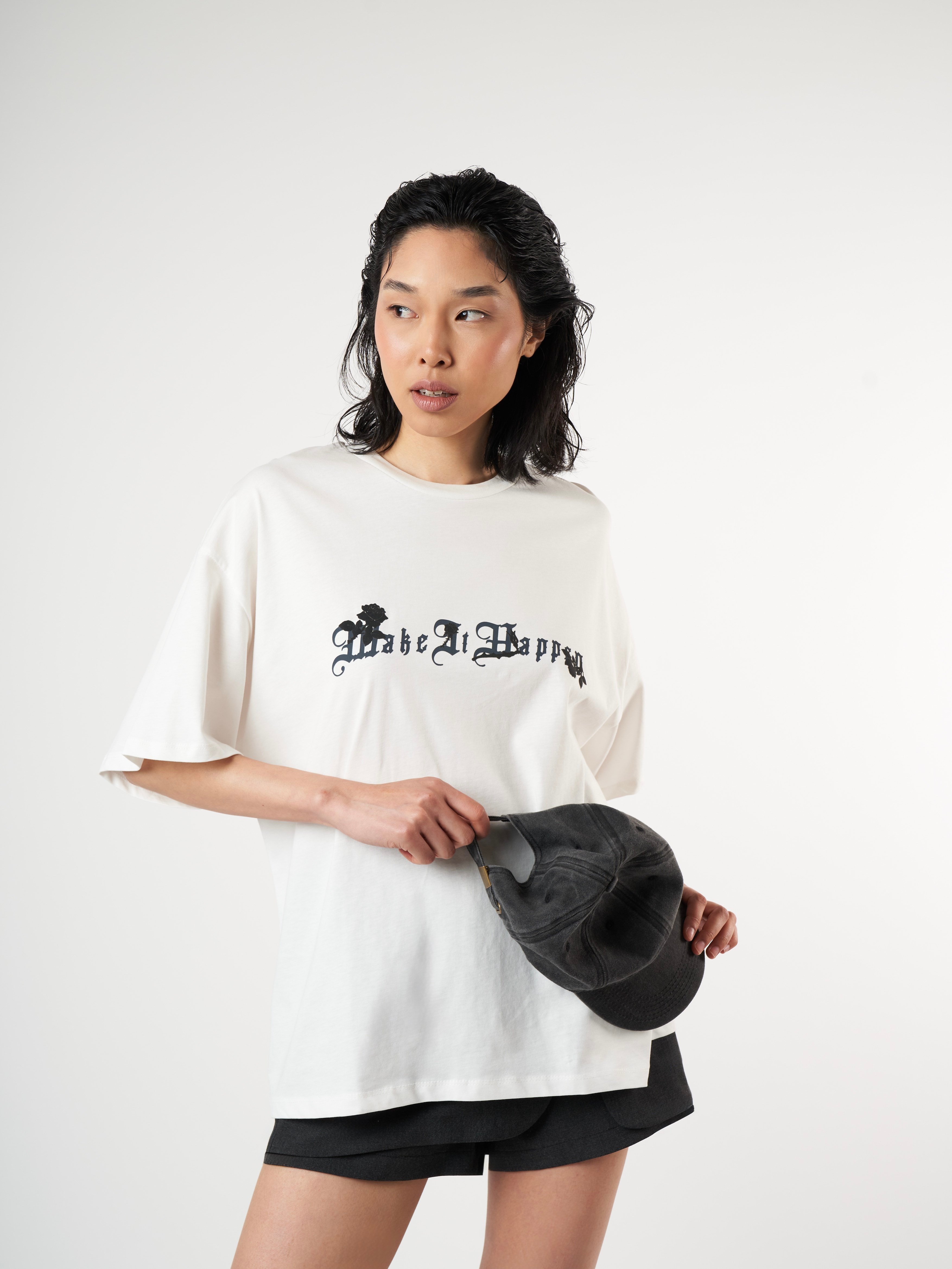 Baskılı Kısa Kol Oversize T-shirt Ekru
