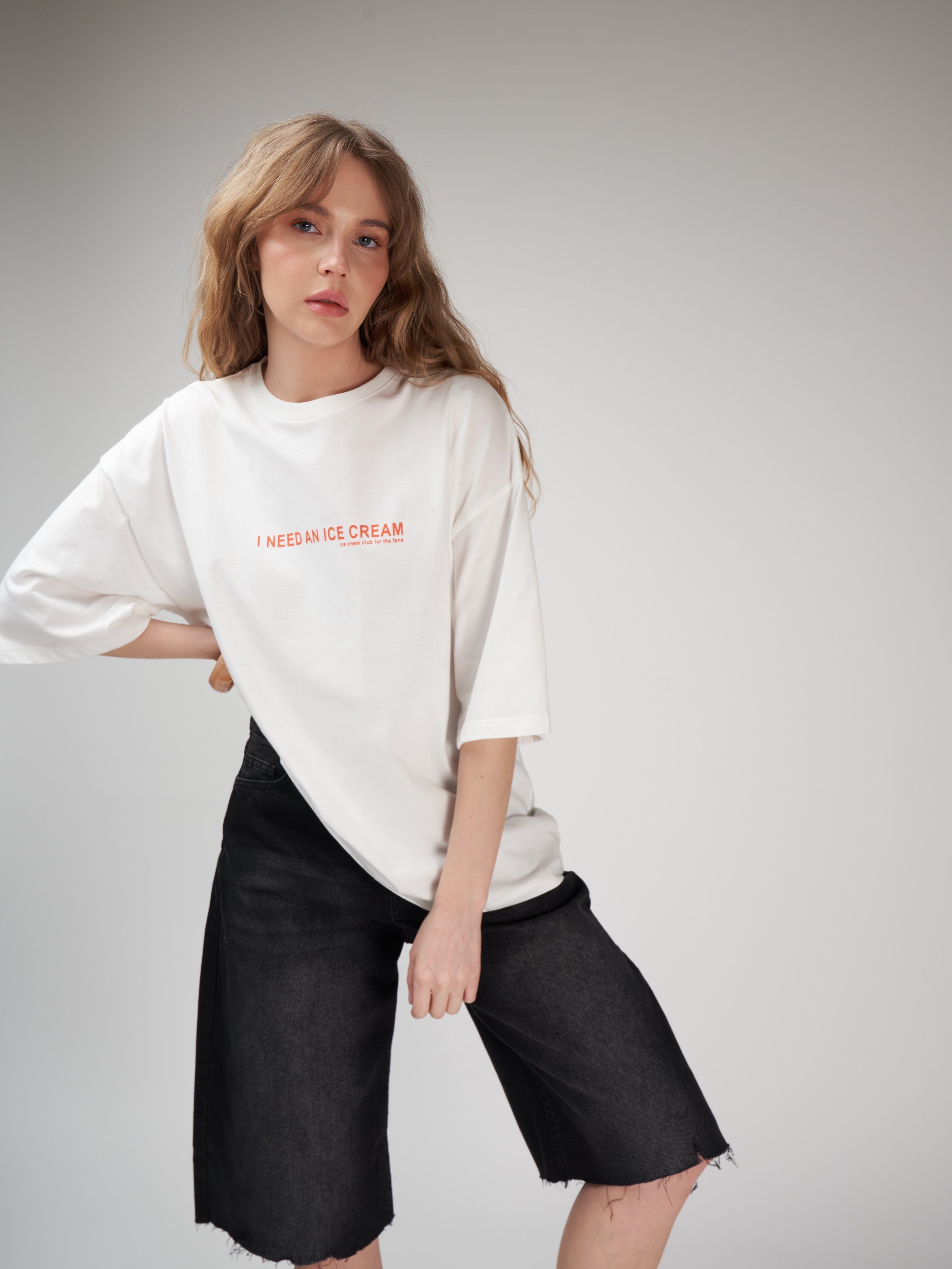 Baskılı Kısa Kol Oversize T-shirt Ekru