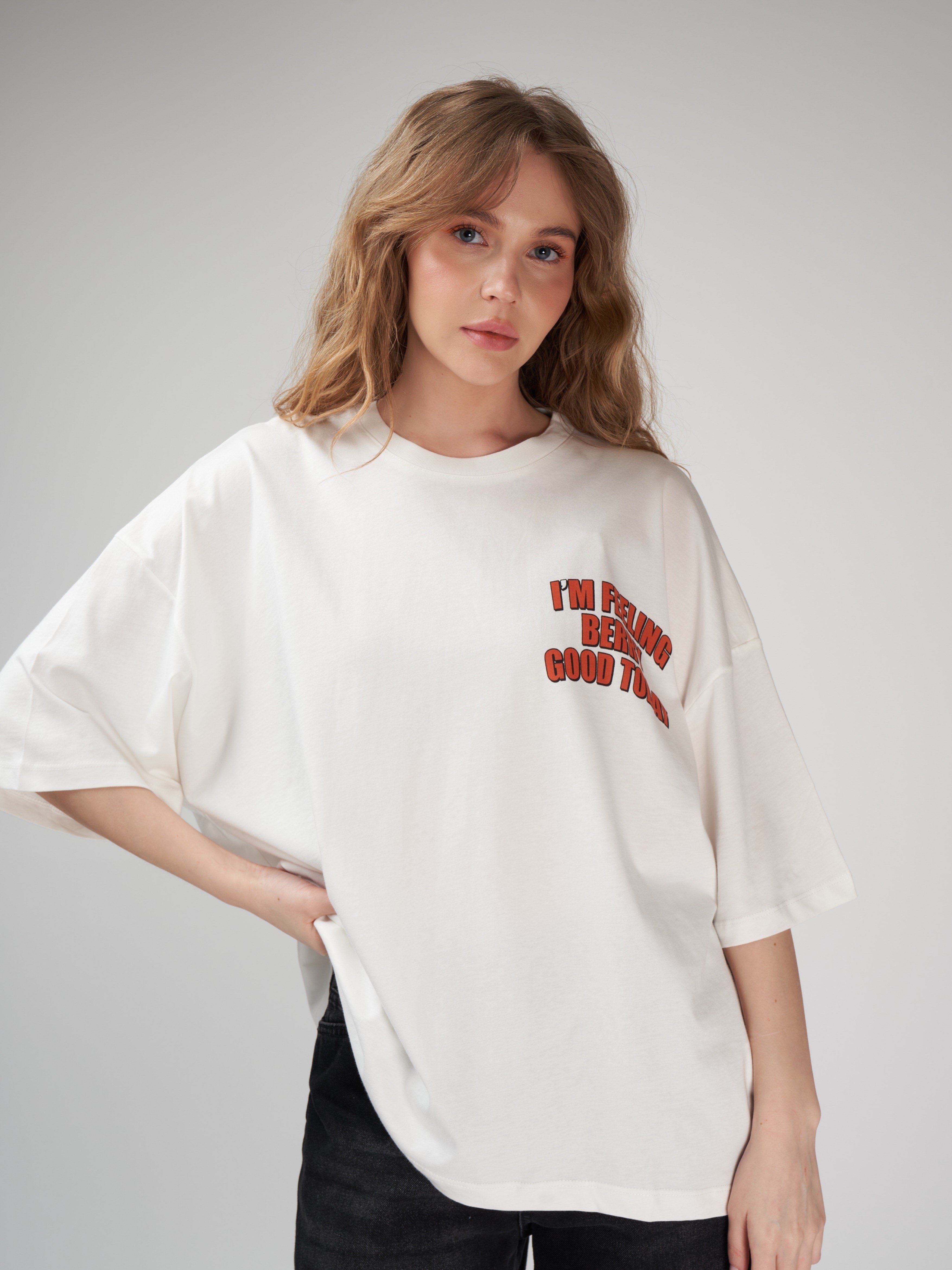 Baskılı Kısa Kol Oversize T-shirt Ekru