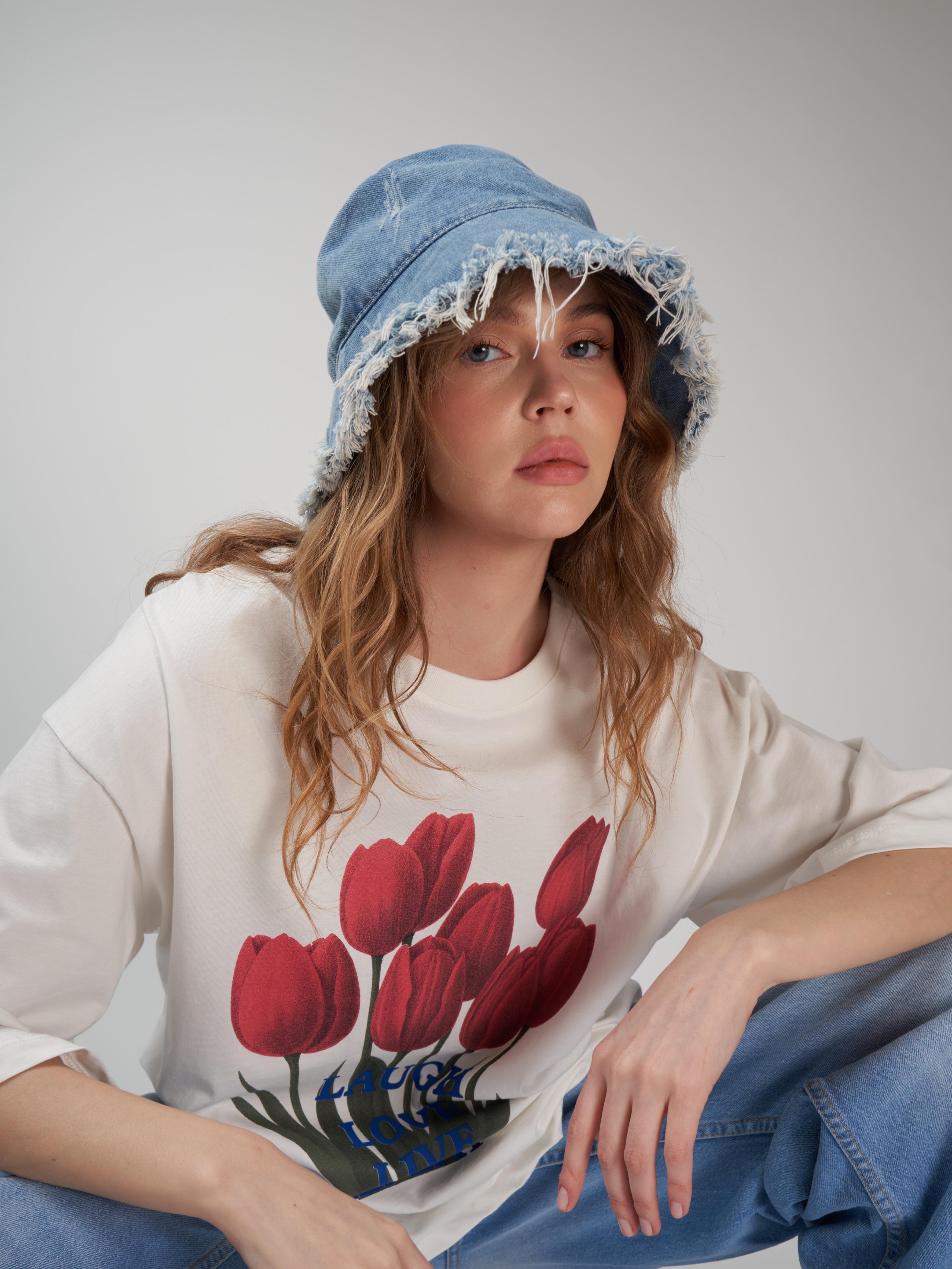 Baskılı Kısa Kol Oversize T-shirt Ekru