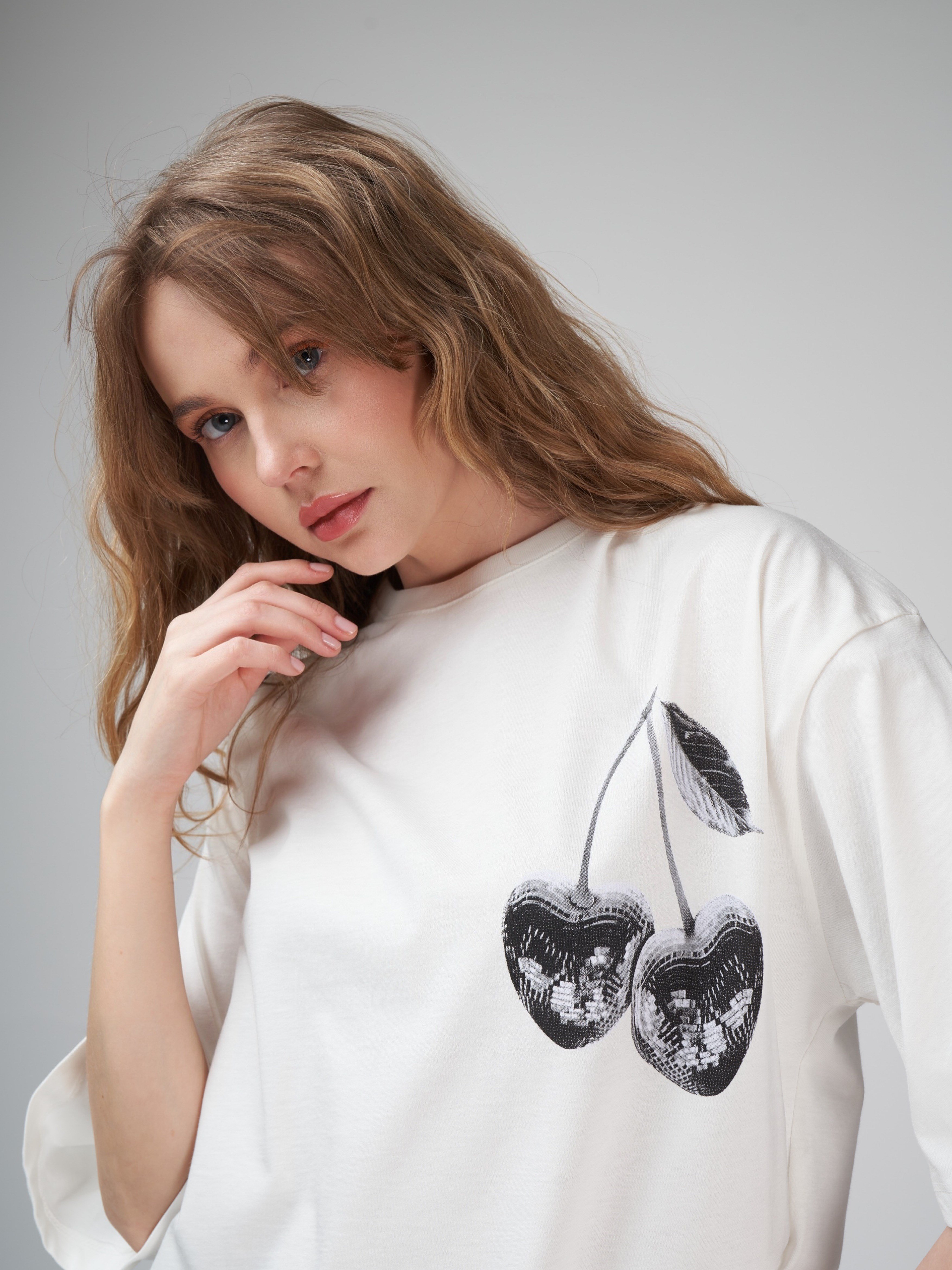 Baskılı Kısa Kol Oversize T-shirt Ekru