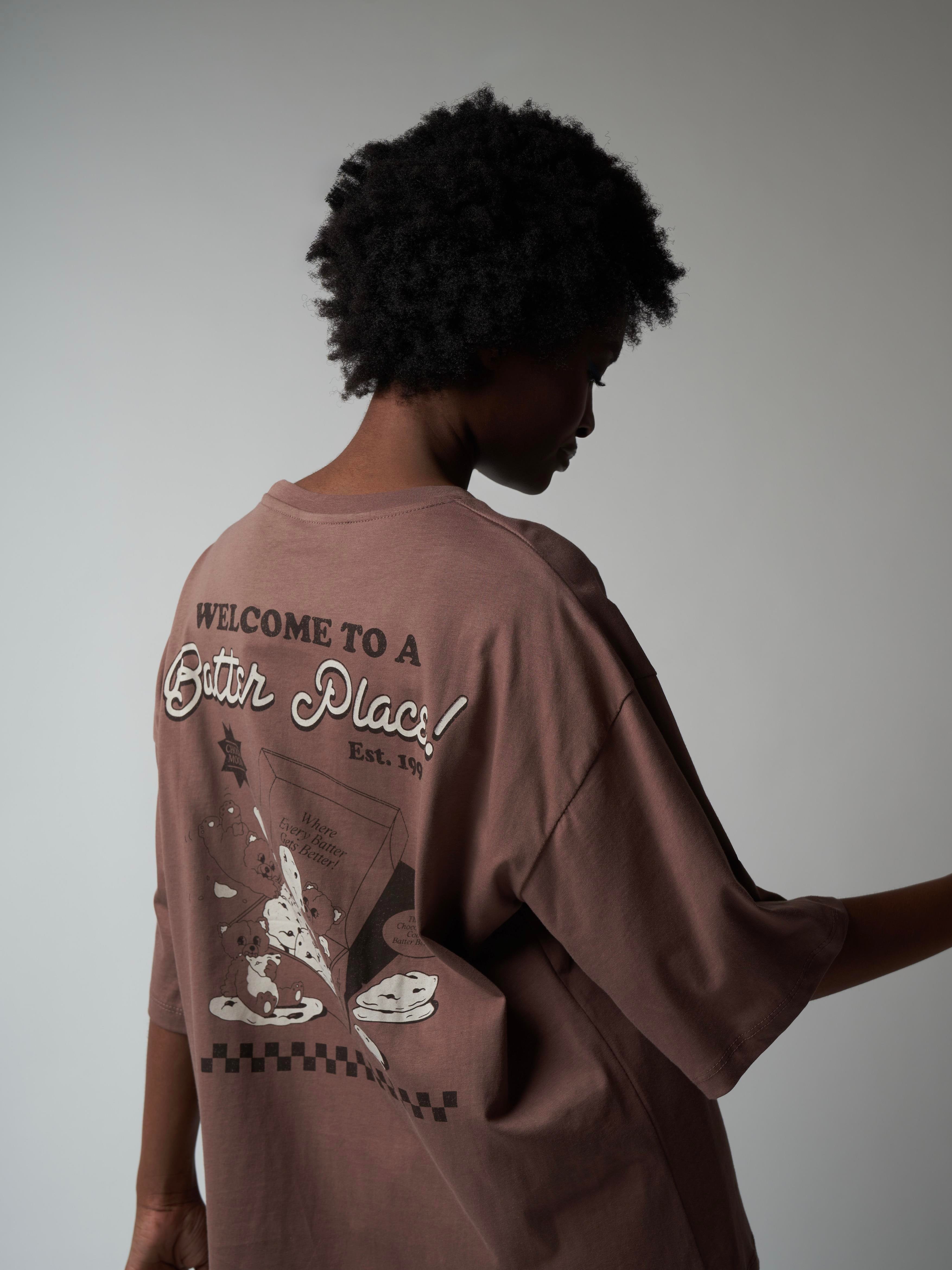 Baskılı Kısa Kol Oversize T-shirt Fındık Kahve