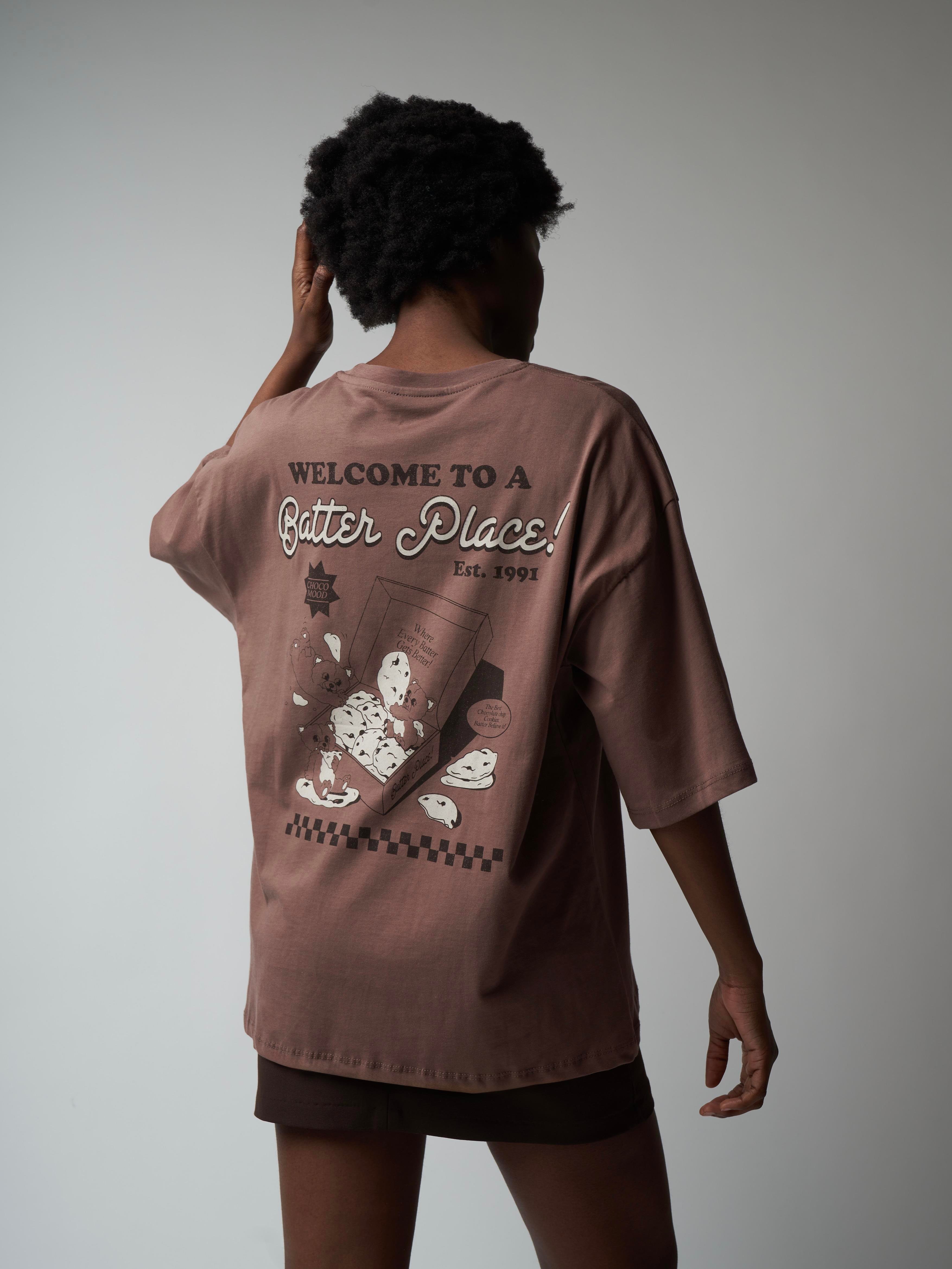 Baskılı Kısa Kol Oversize T-shirt Fındık Kahve