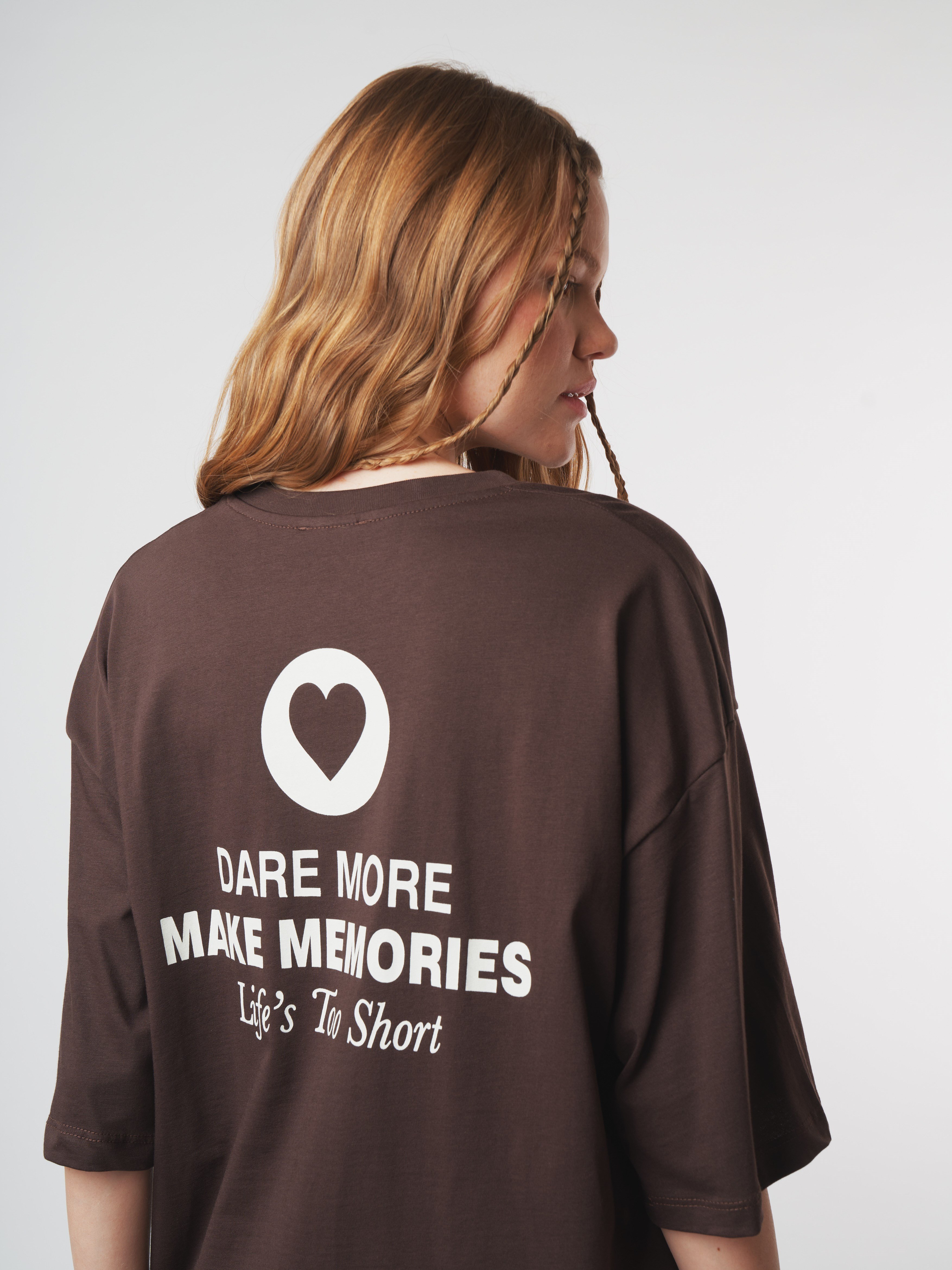 Baskılı Kısa Kol Oversize T-shirt Kahve
