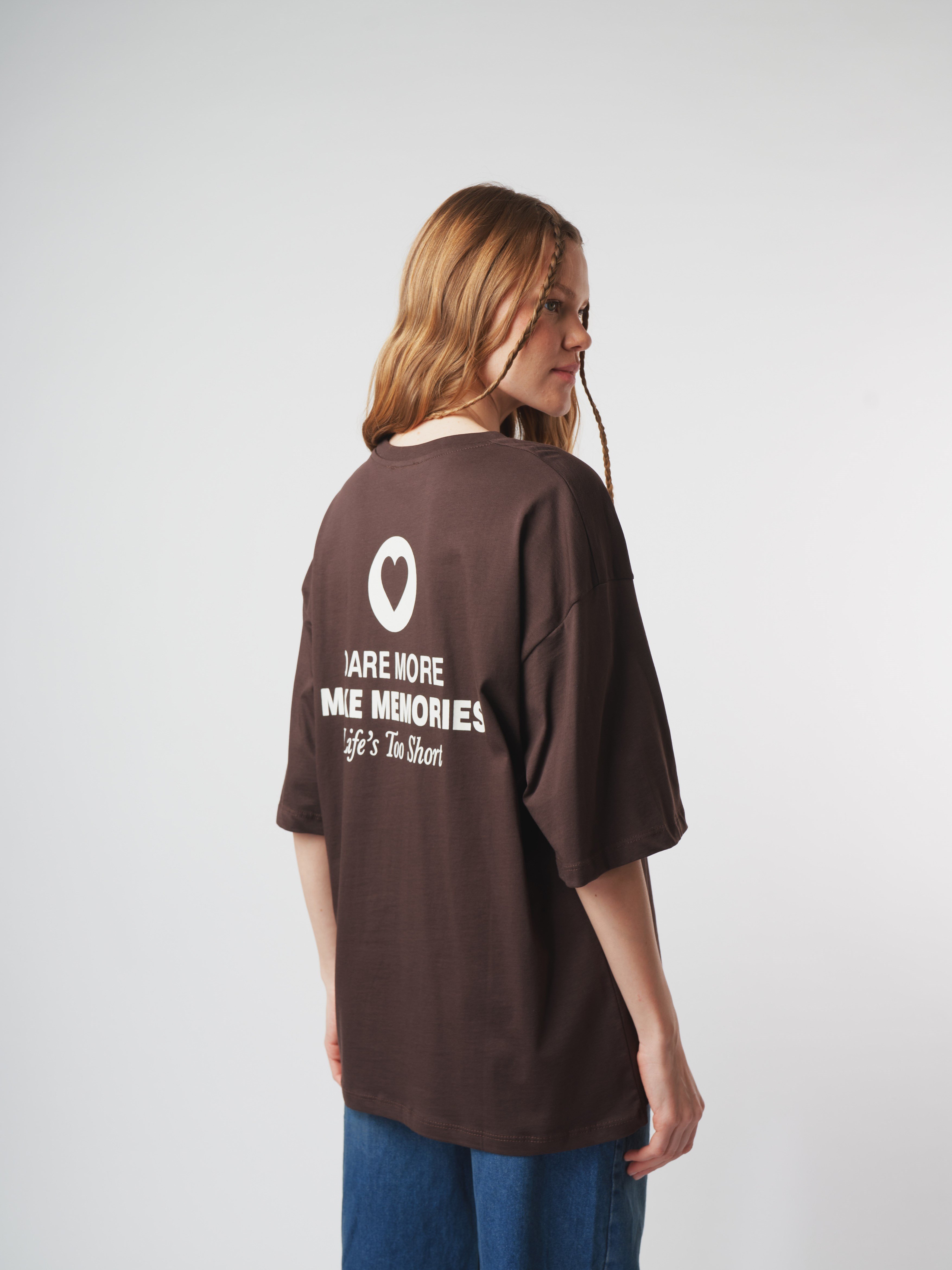 Baskılı Kısa Kol Oversize T-shirt Kahve