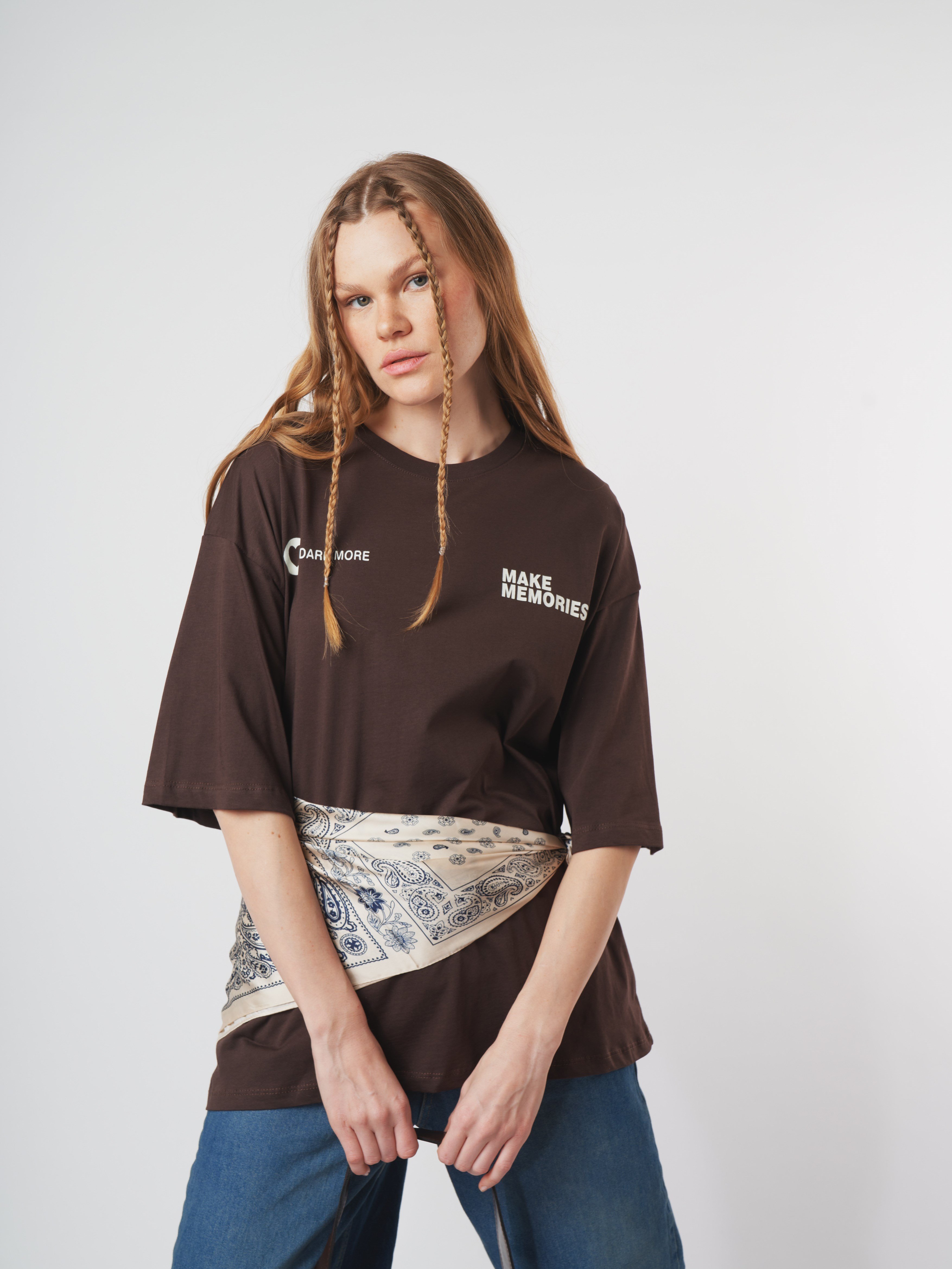 Baskılı Kısa Kol Oversize T-shirt Kahve