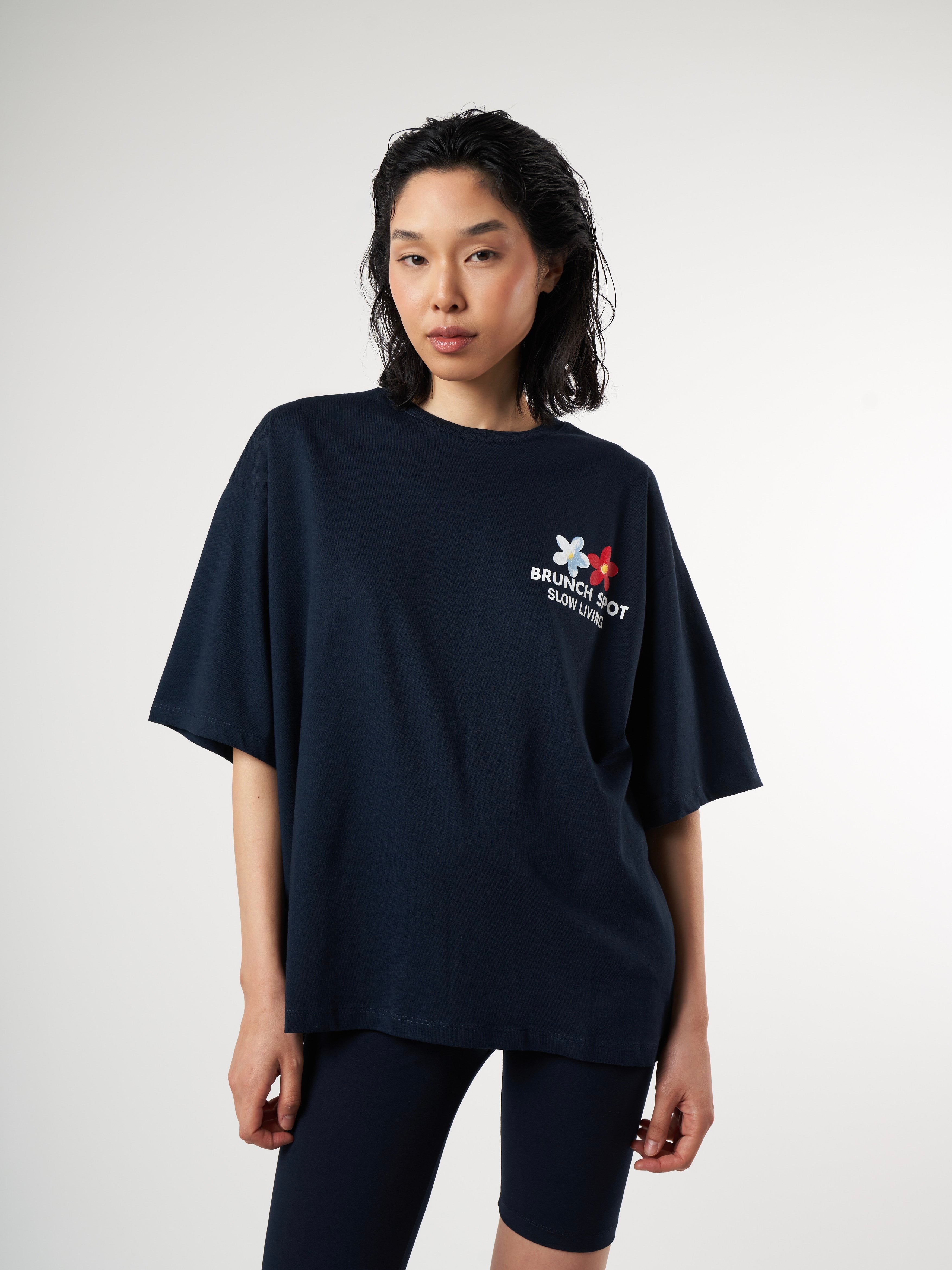 Baskılı Kısa Kol Oversize T-shirt Lacivert