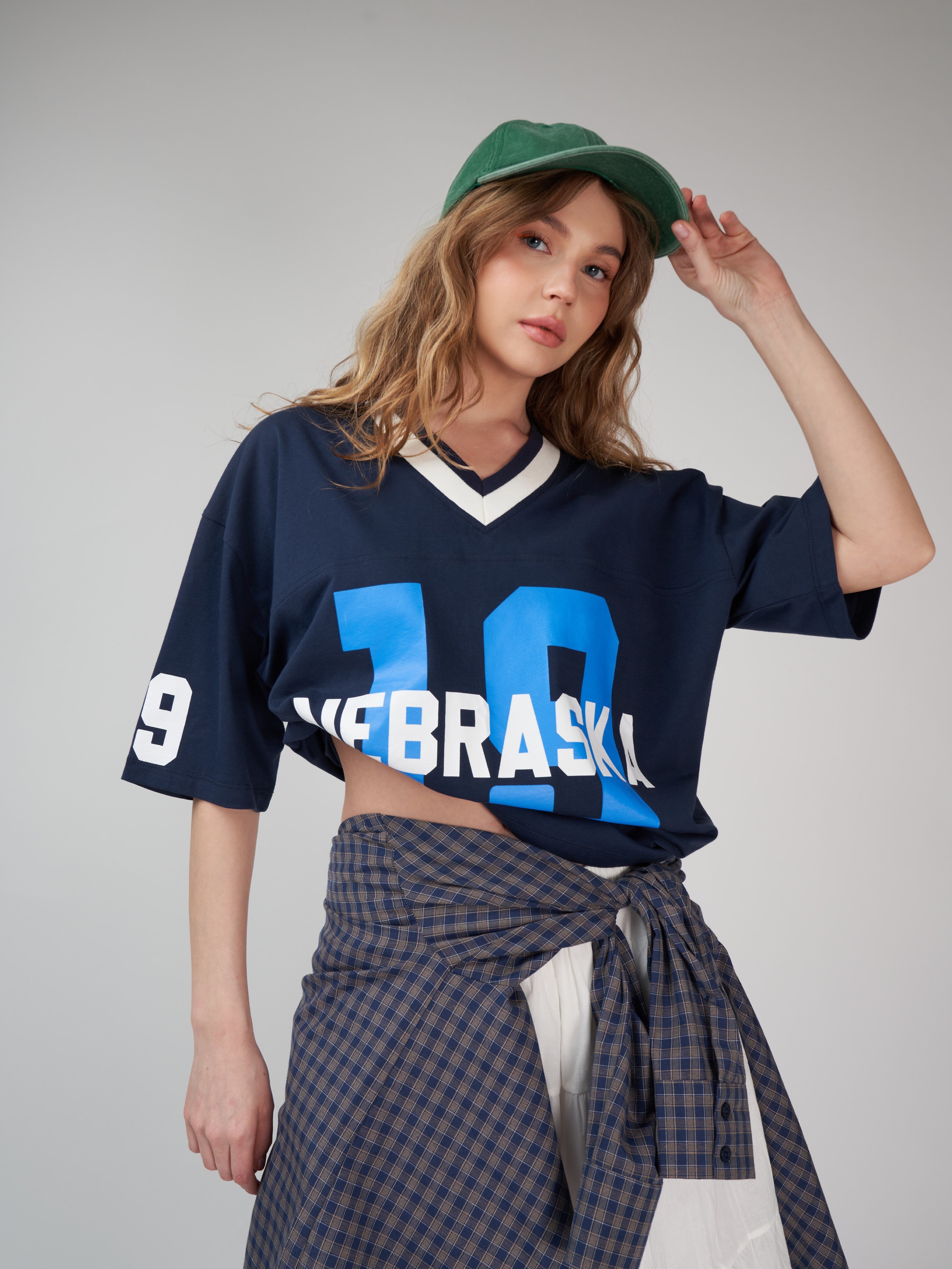Baskılı Kısa Kol Oversize T-shirt Lacivert