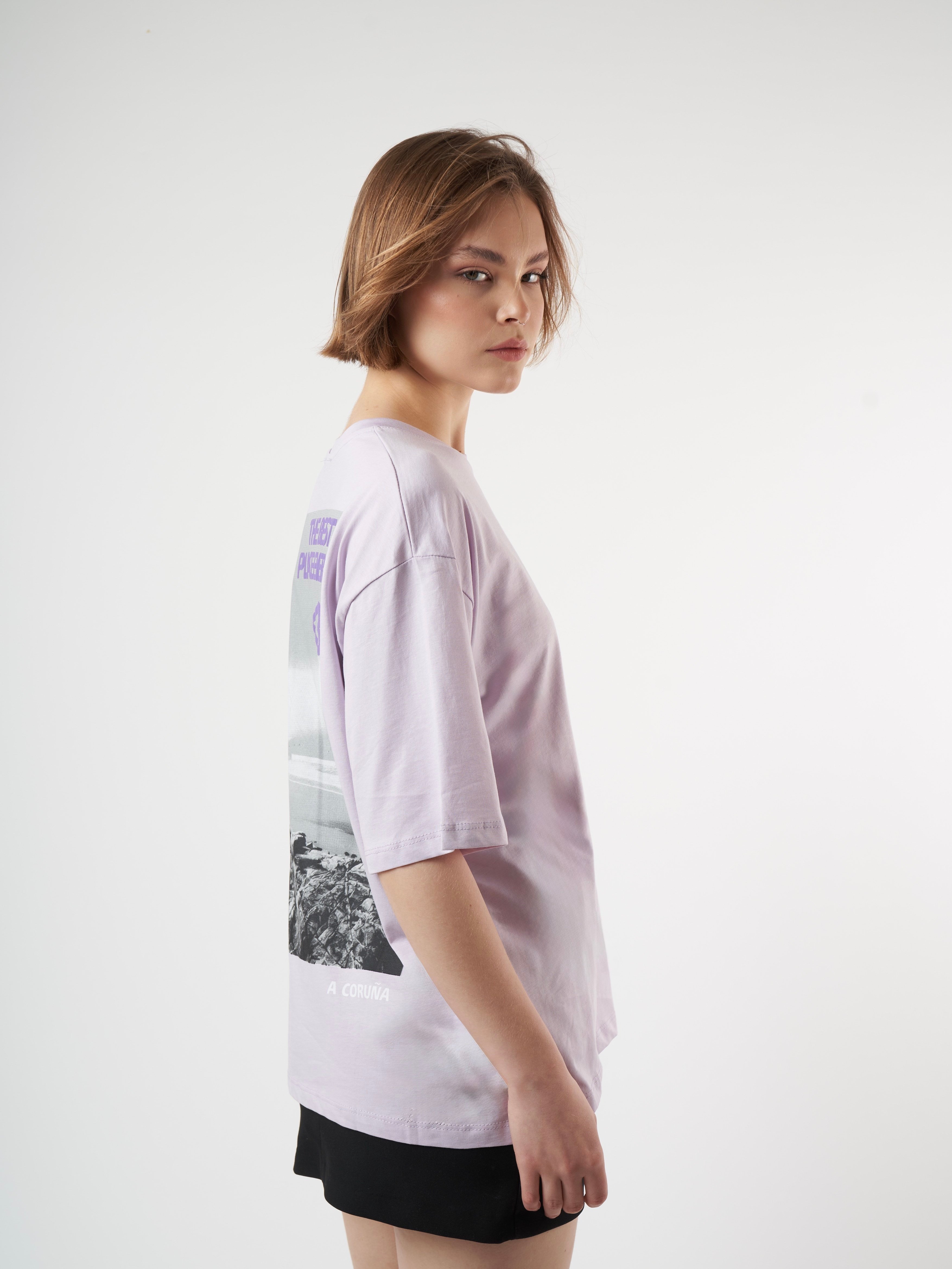 Baskılı Kısa Kol Oversize T-shirt Lila
