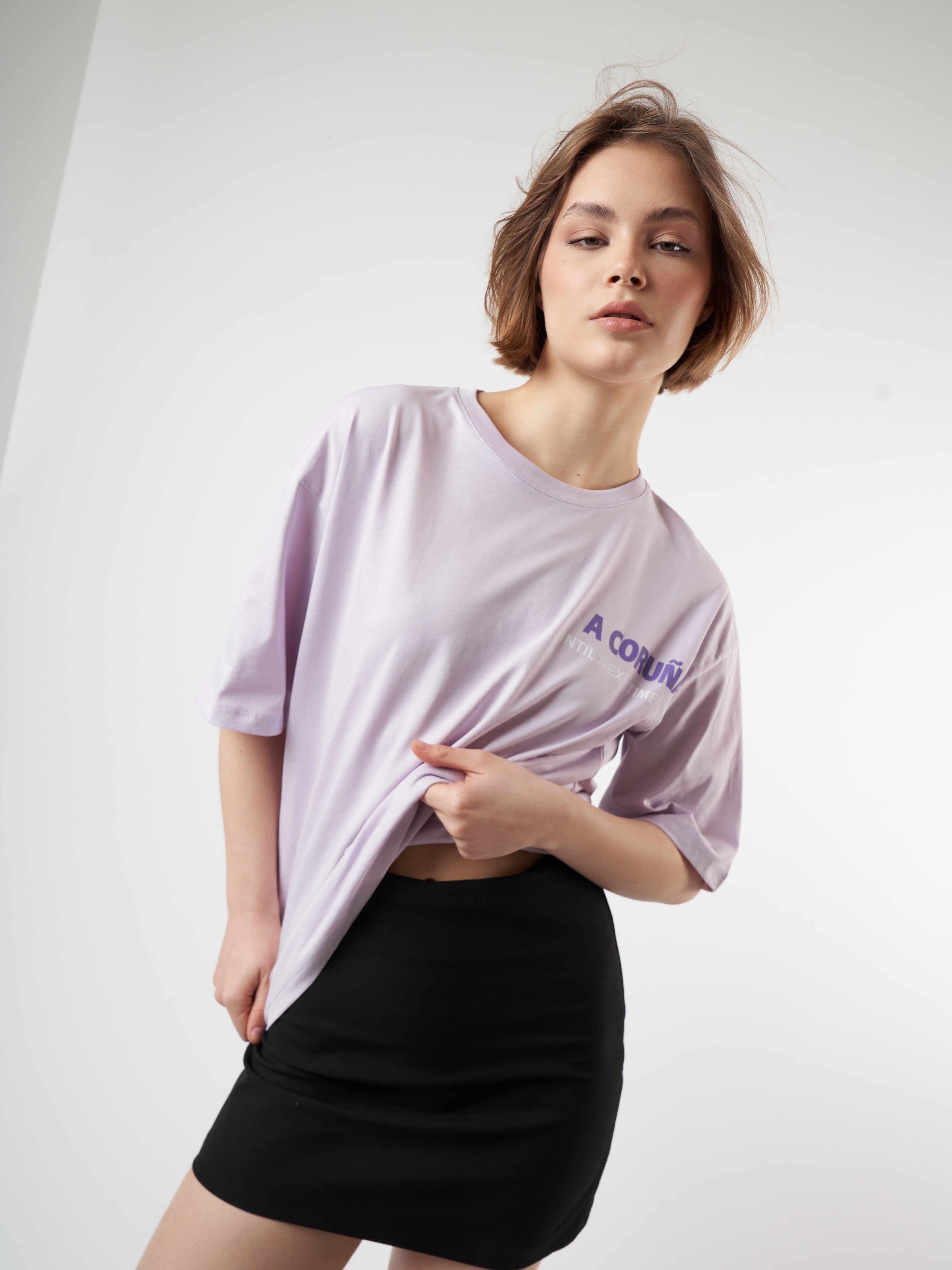 Baskılı Kısa Kol Oversize T-shirt Lila