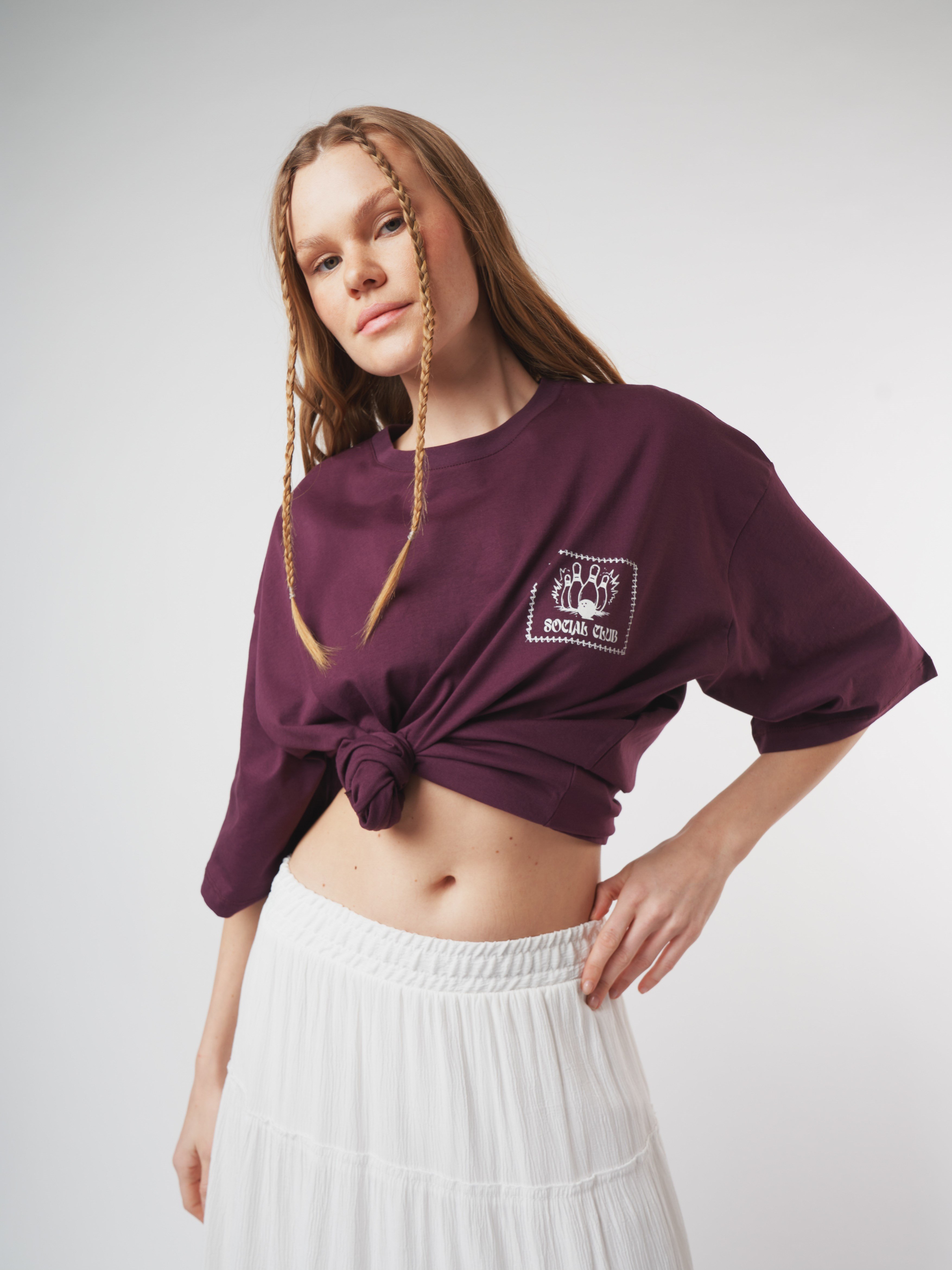 Baskılı Kısa Kol Oversize T-shirt Mürdüm