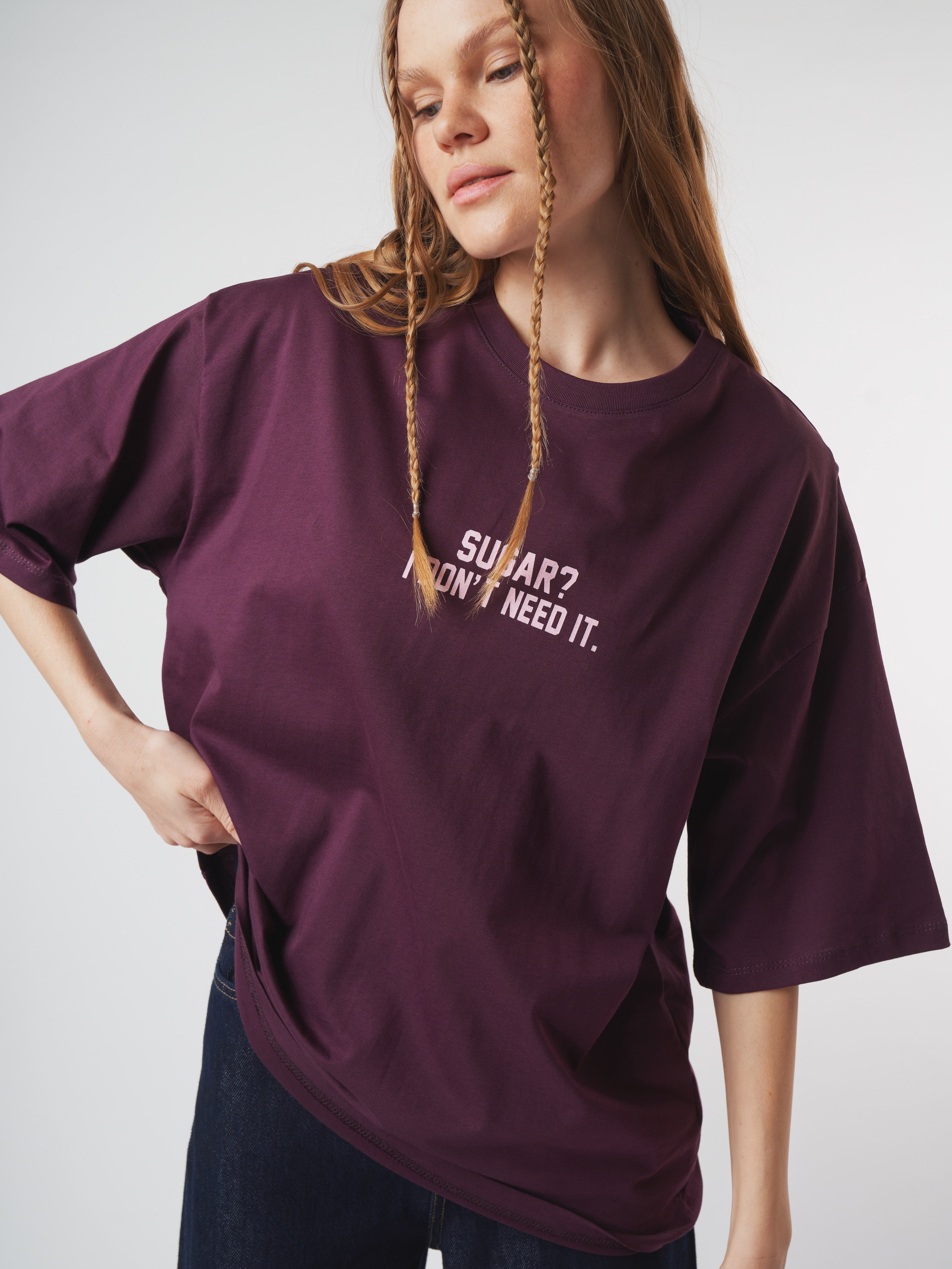 Baskılı Kısa Kol Oversize T-shirt Mürdüm