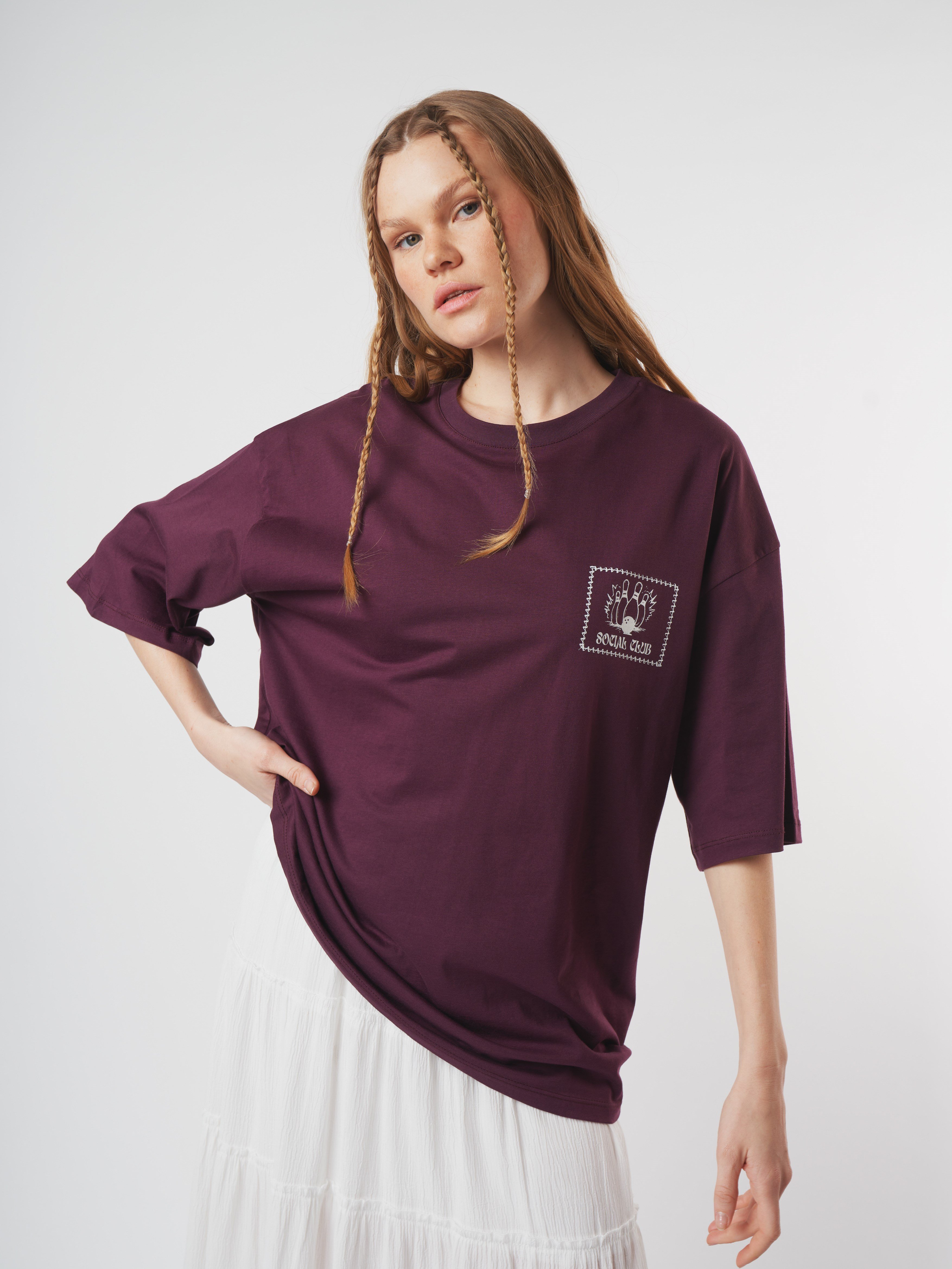 Baskılı Kısa Kol Oversize T-shirt Mürdüm