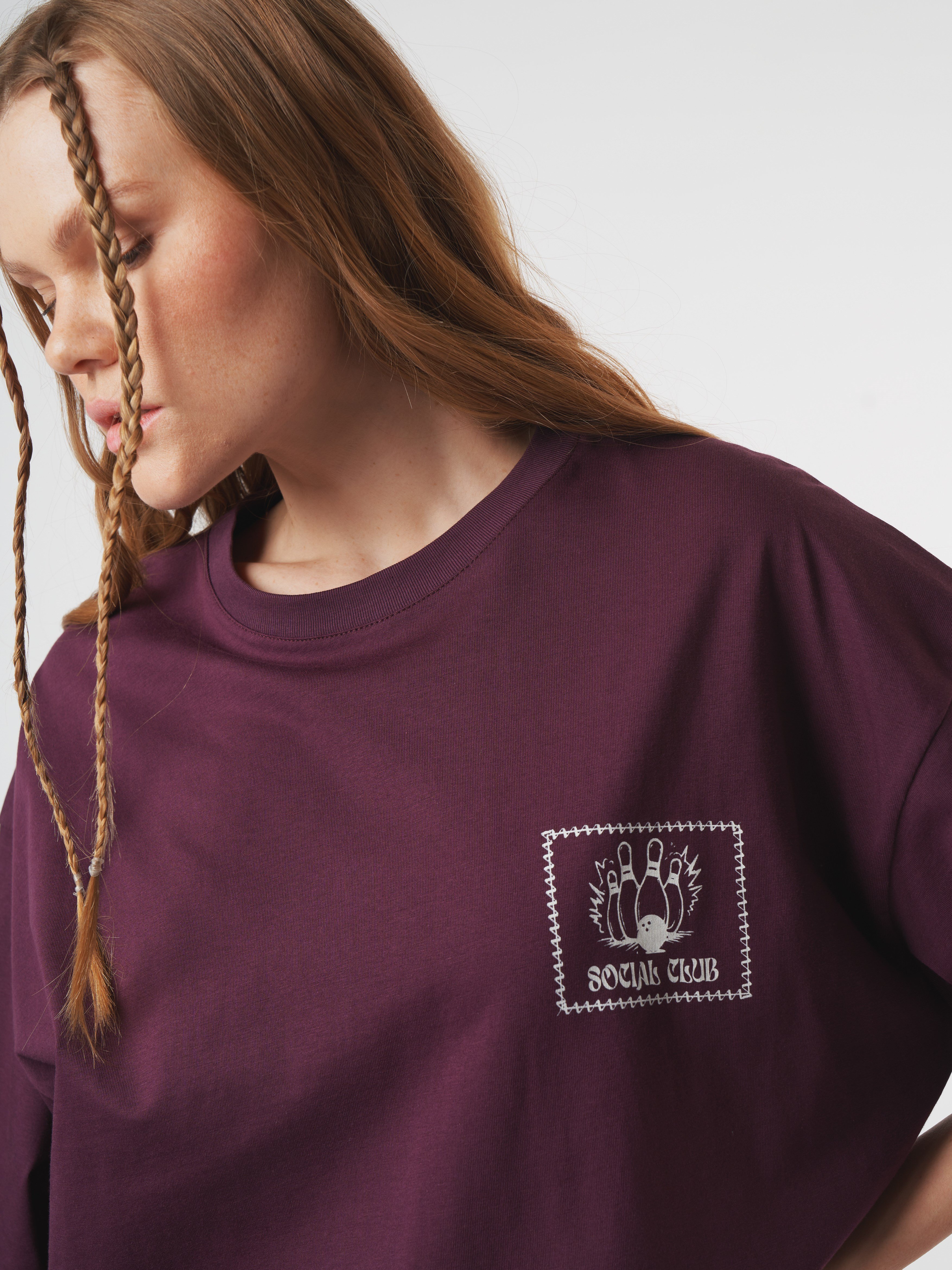 Baskılı Kısa Kol Oversize T-shirt Mürdüm