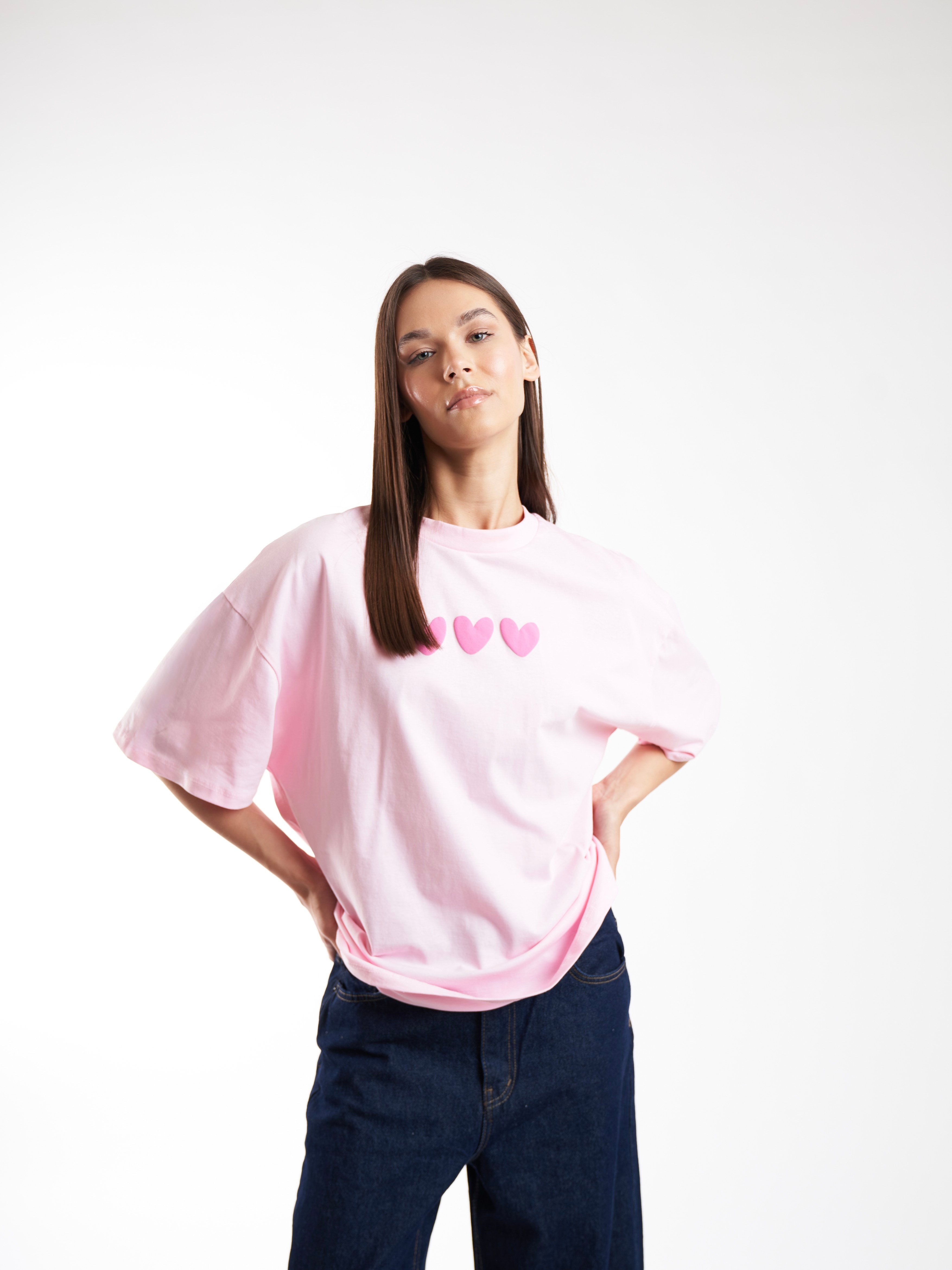 Baskılı Kısa Kol Oversize T-shirt Pembe
