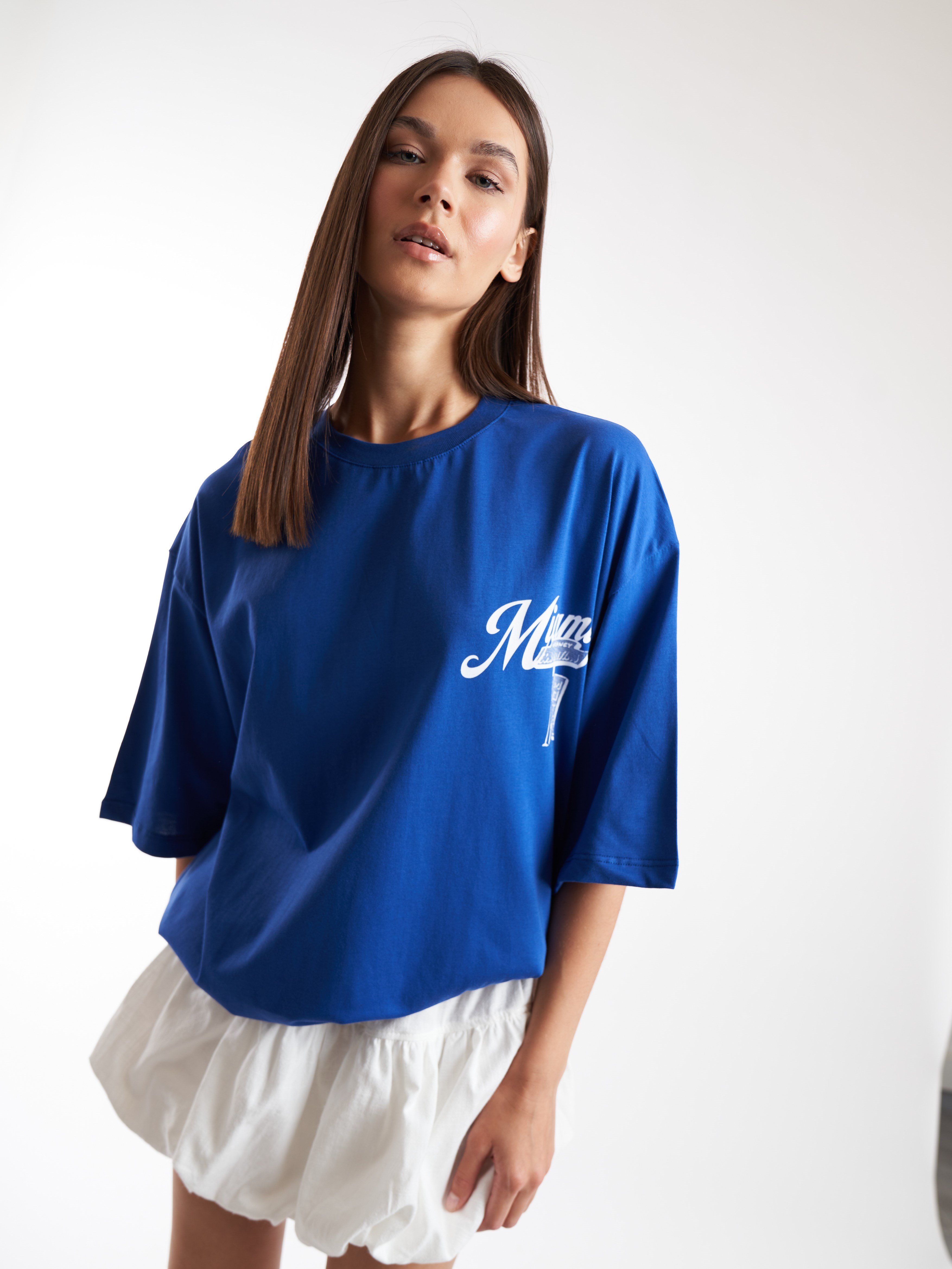 Baskılı Kısa Kol Oversize T-shirt Sax Mavi