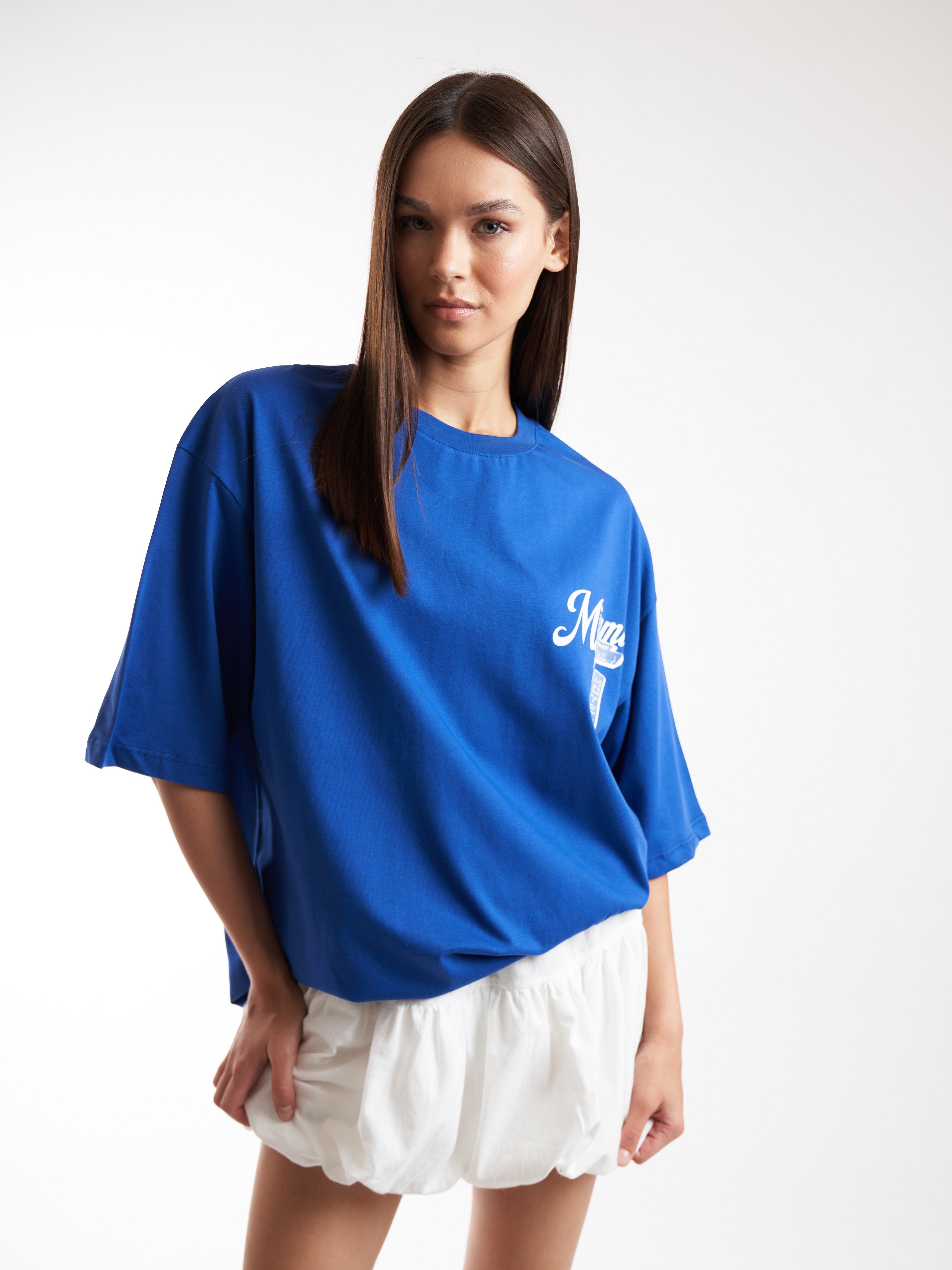 Baskılı Kısa Kol Oversize T-shirt Sax Mavi