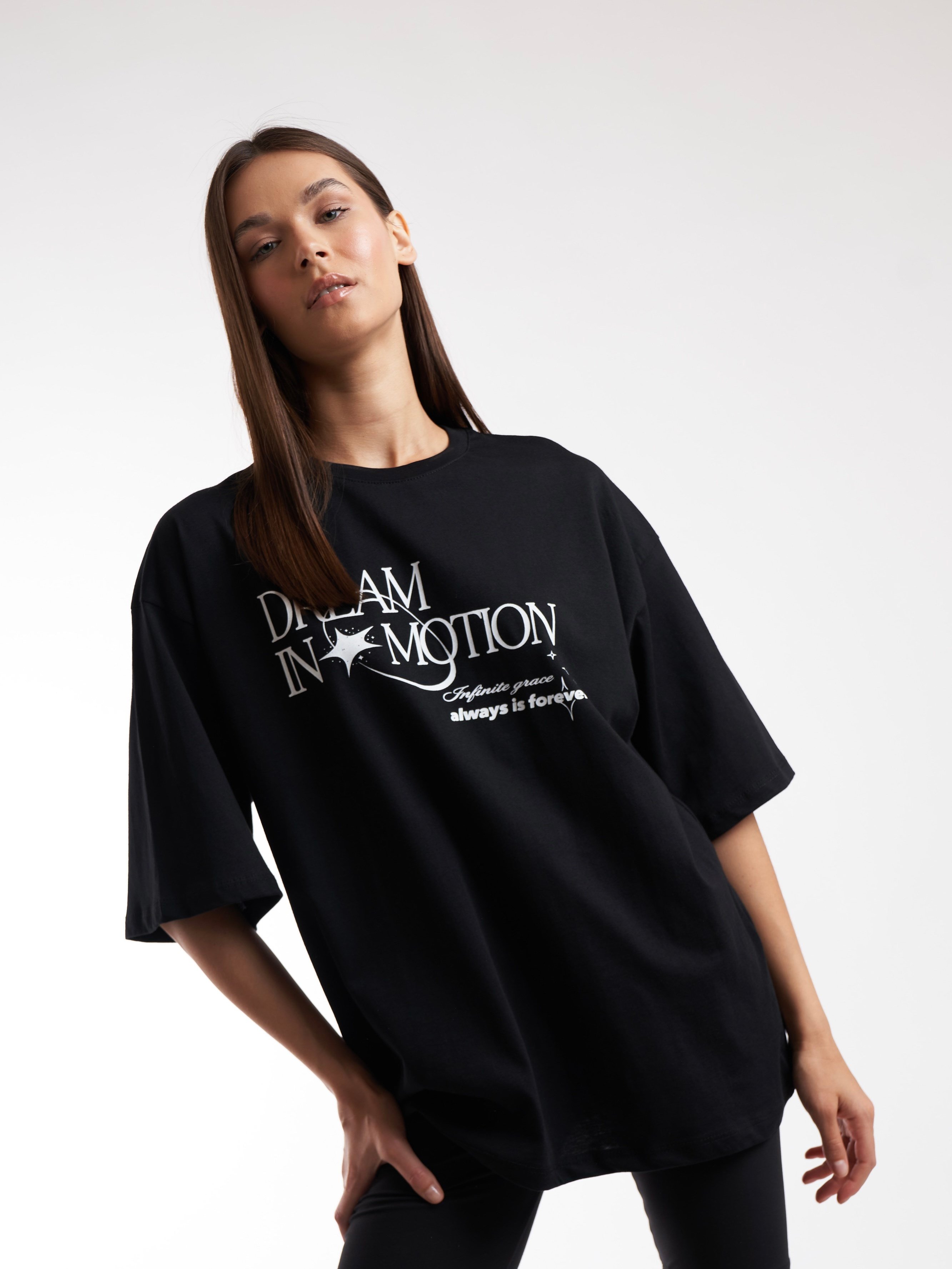Baskılı Kısa Kol Oversize T-shirt Siyah