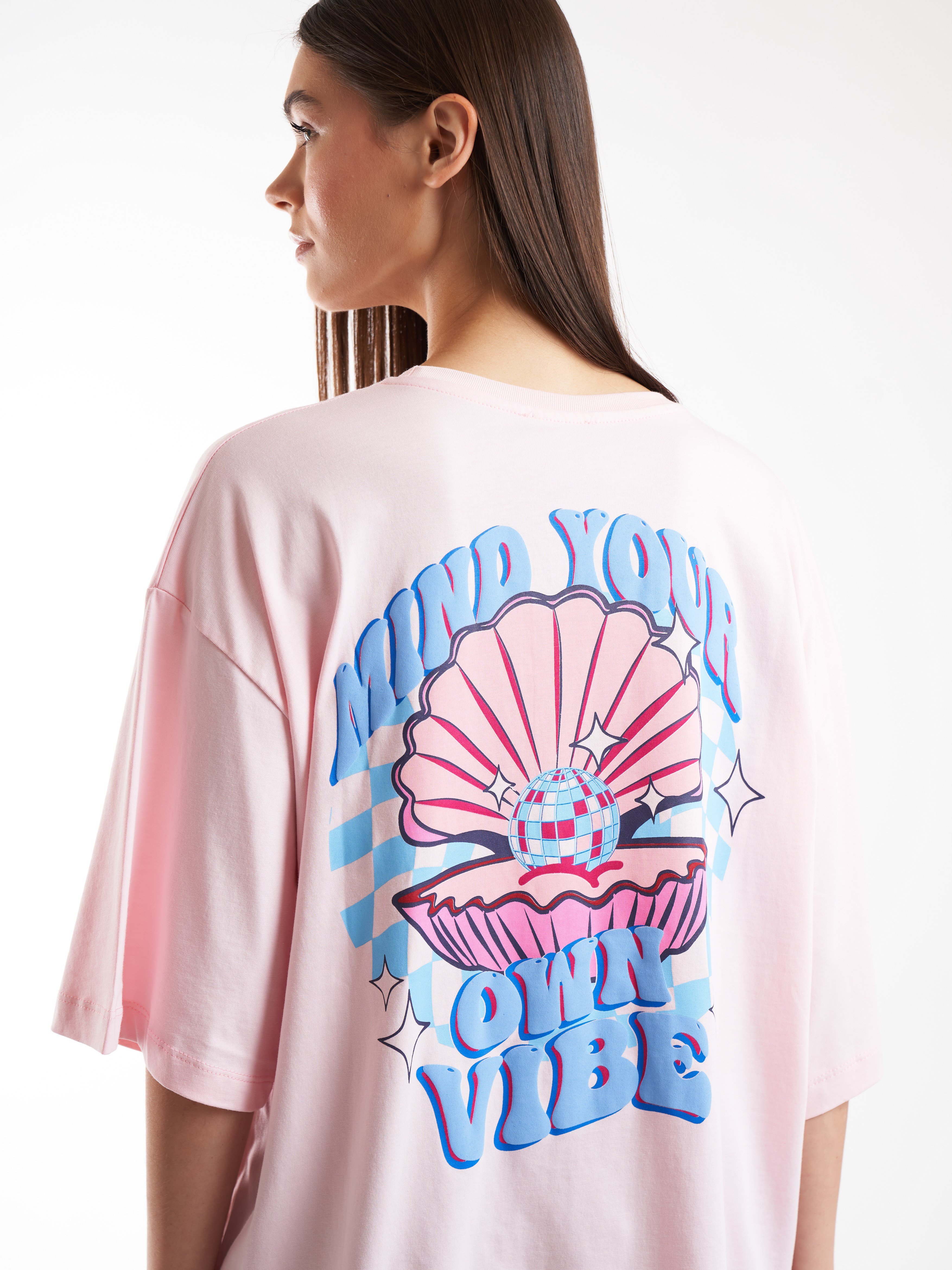 Baskılı Kısa Kol Oversize T-shirt Toz Pembe