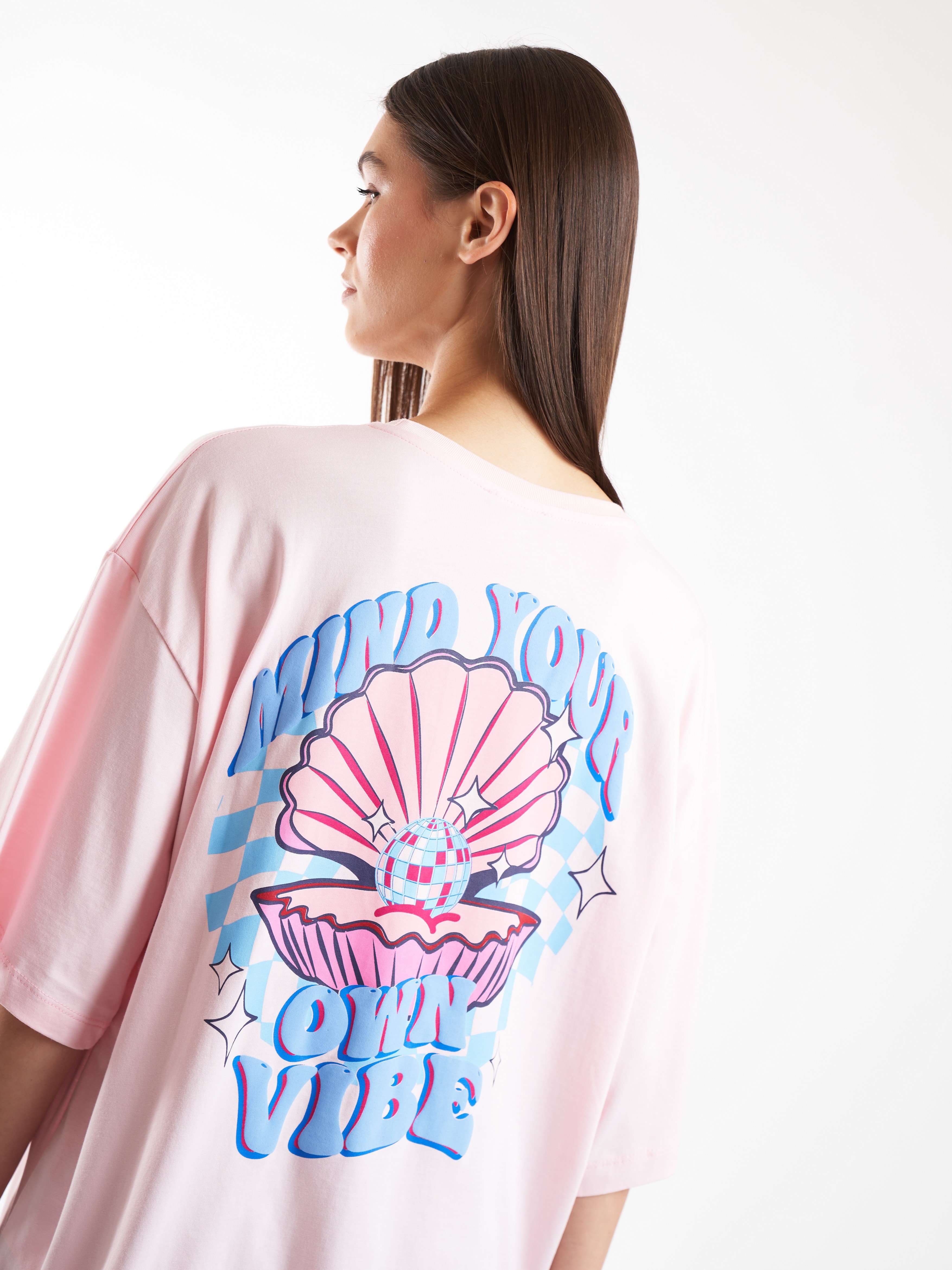 Baskılı Kısa Kol Oversize T-shirt Toz Pembe