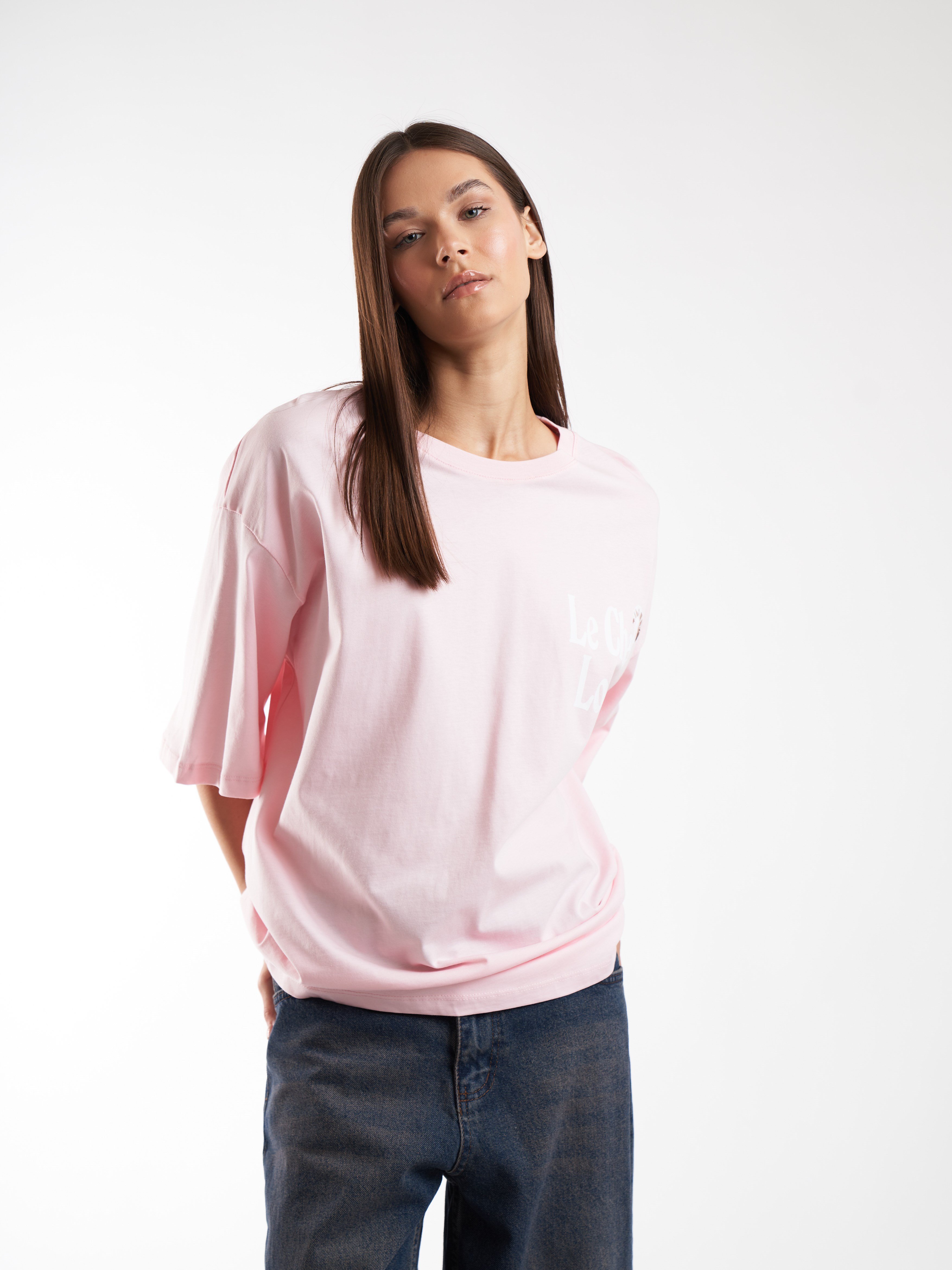 Baskılı Kısa Kol Oversize T-shirt Toz Pembe