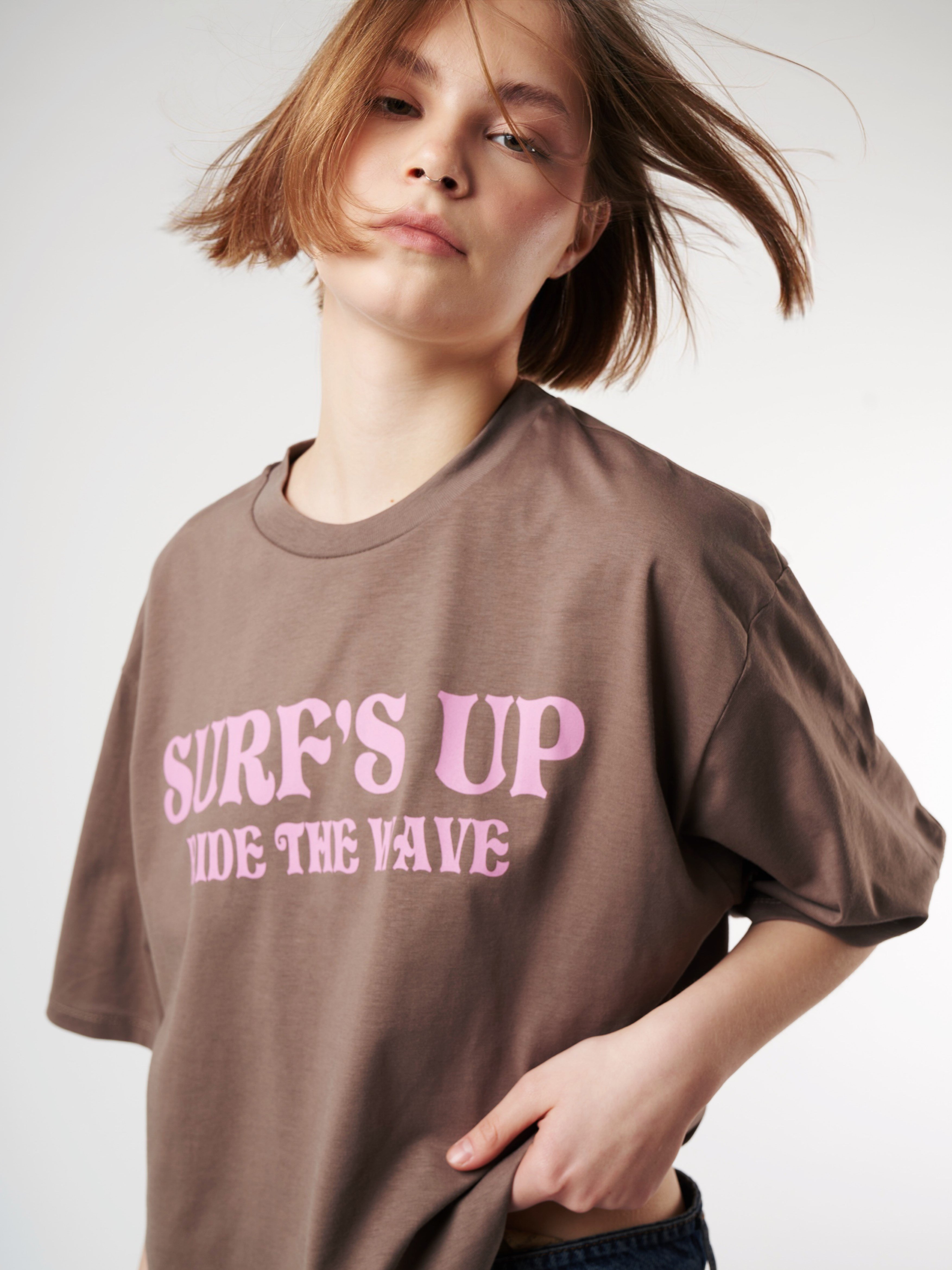 Baskılı Kısa Kol Oversize T-shirt Vizon