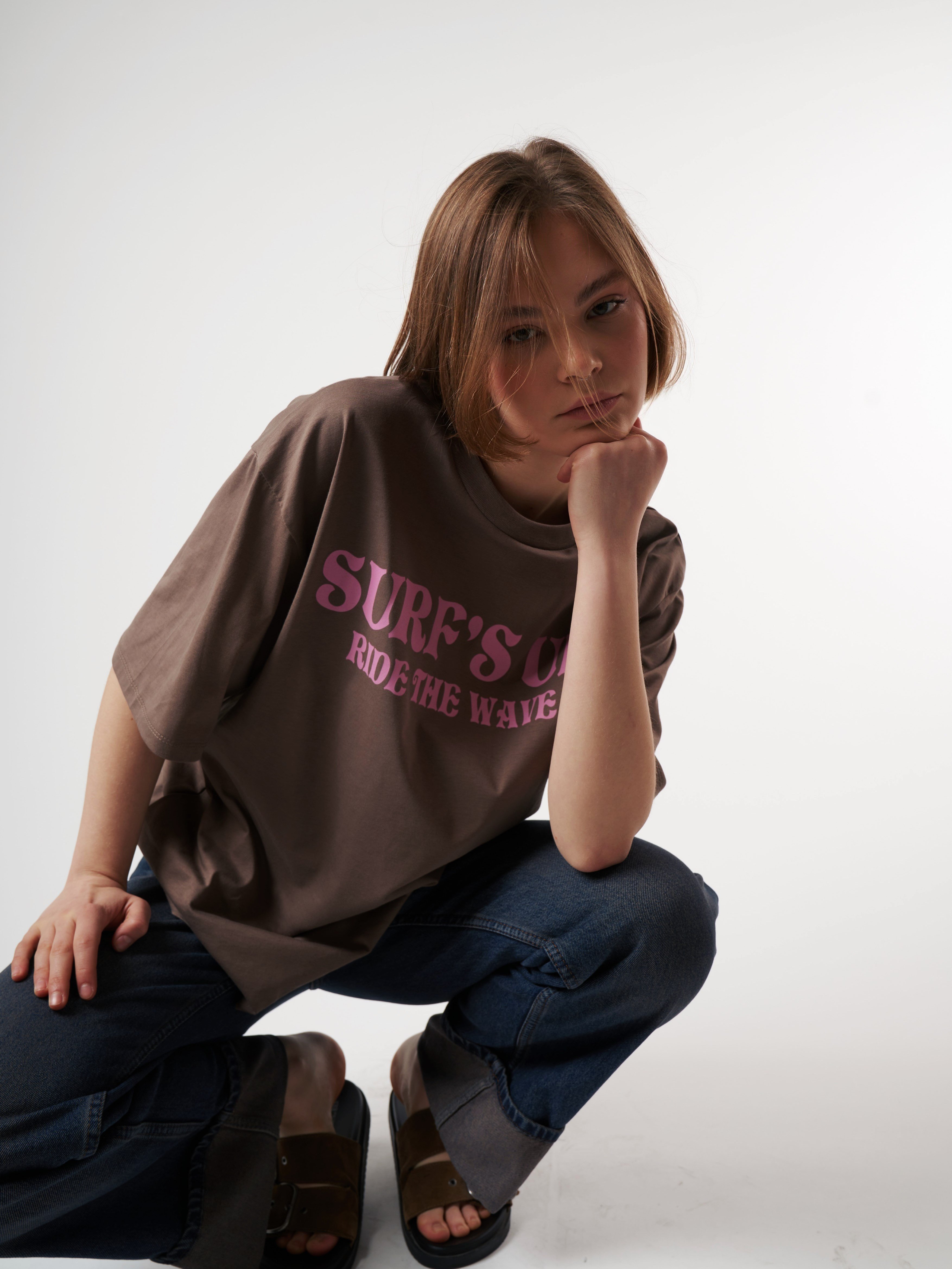 Baskılı Kısa Kol Oversize T-shirt Vizon